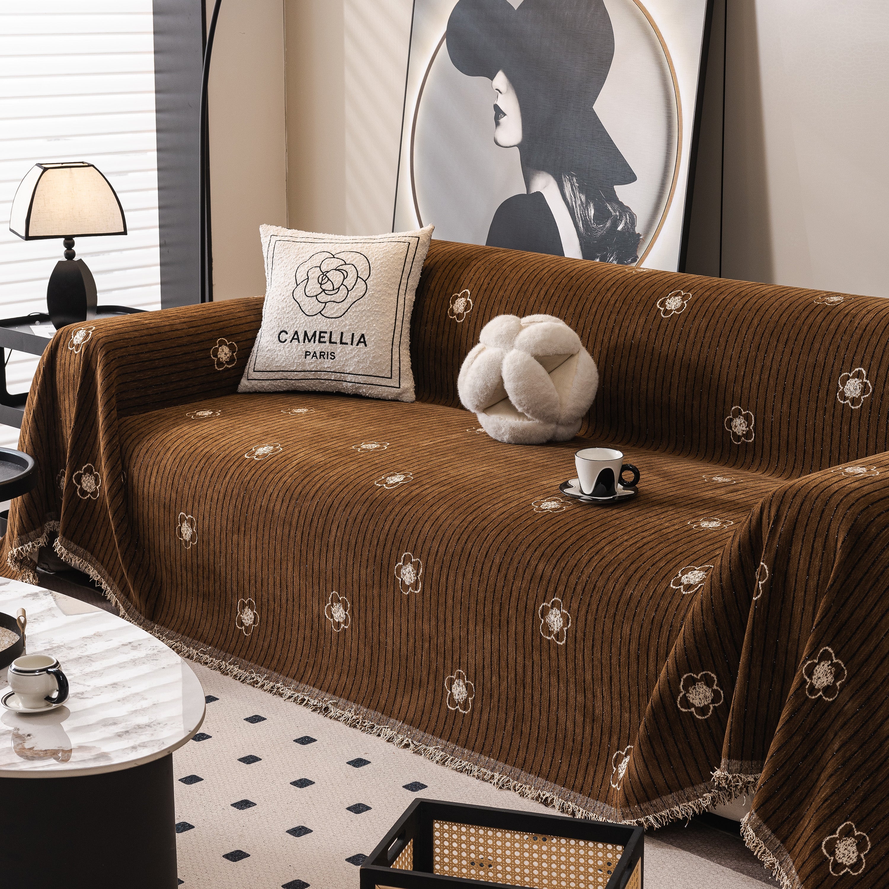 Chenille Camellia Floral Sofa Throw Cover Couch Blanket with Striped Jacquard - Image 97