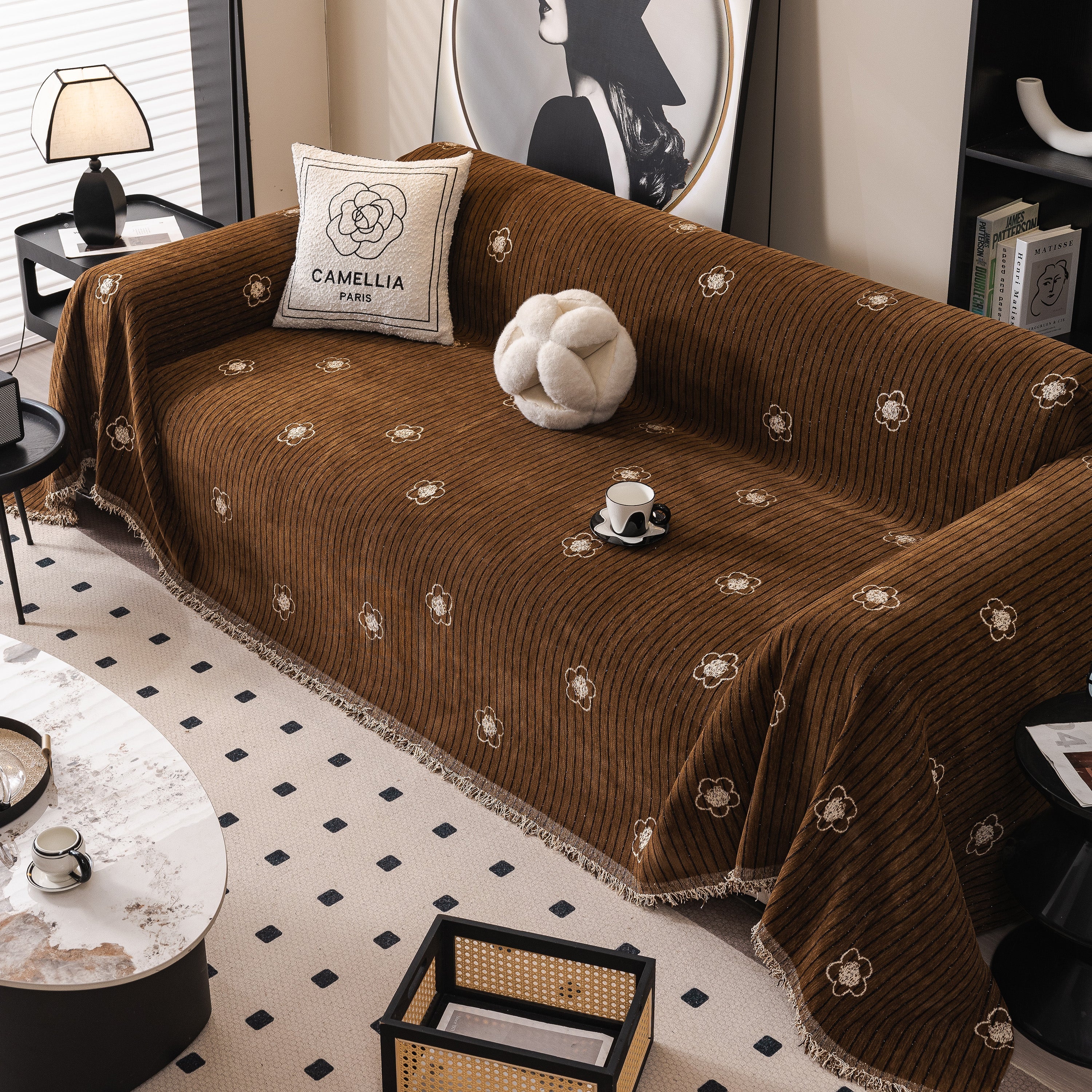 Chenille Camellia Floral Sofa Throw Cover Couch Blanket with Striped Jacquard - Image 98