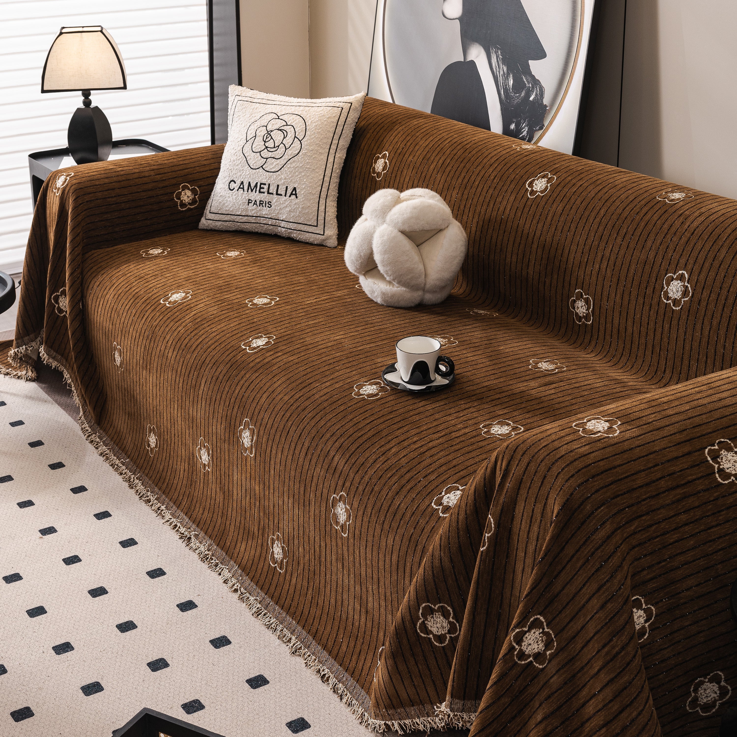 Chenille Camellia Floral Sofa Throw Cover Couch Blanket with Striped Jacquard - Image 99