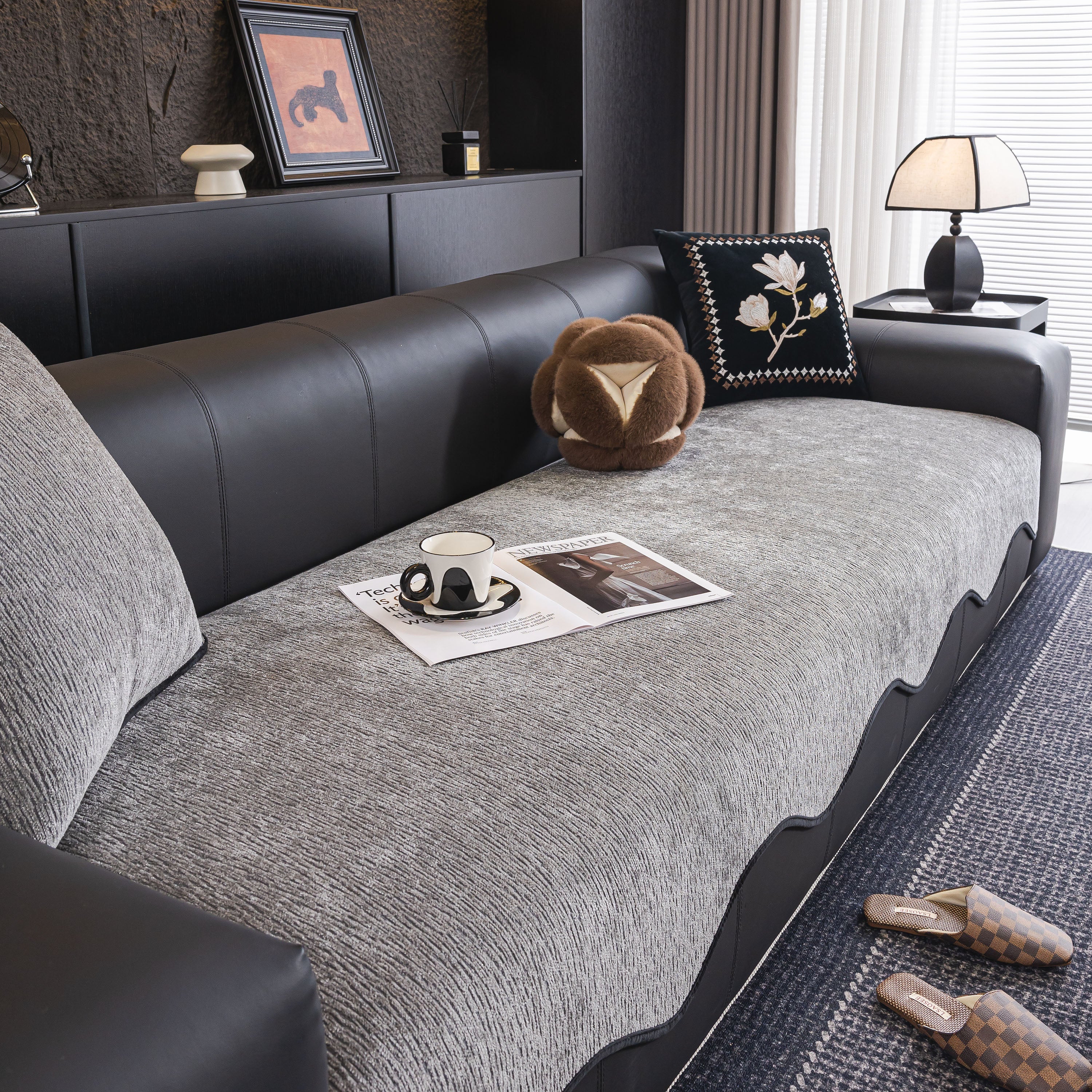 Chenille Couch Cover with Scalloped Edge, Non-Slip Modular Slipcover Sectional - Image 117