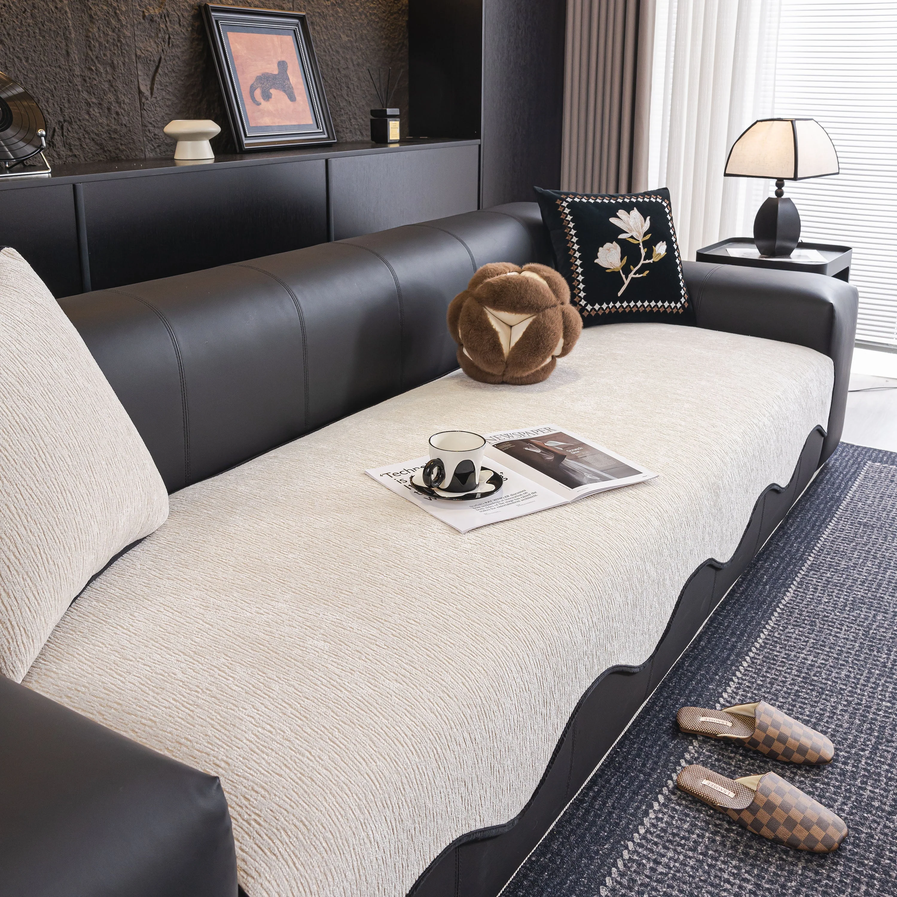 Chenille Couch Cover with Scalloped Edge, Non-Slip Modular Slipcover Sectional - Image 142