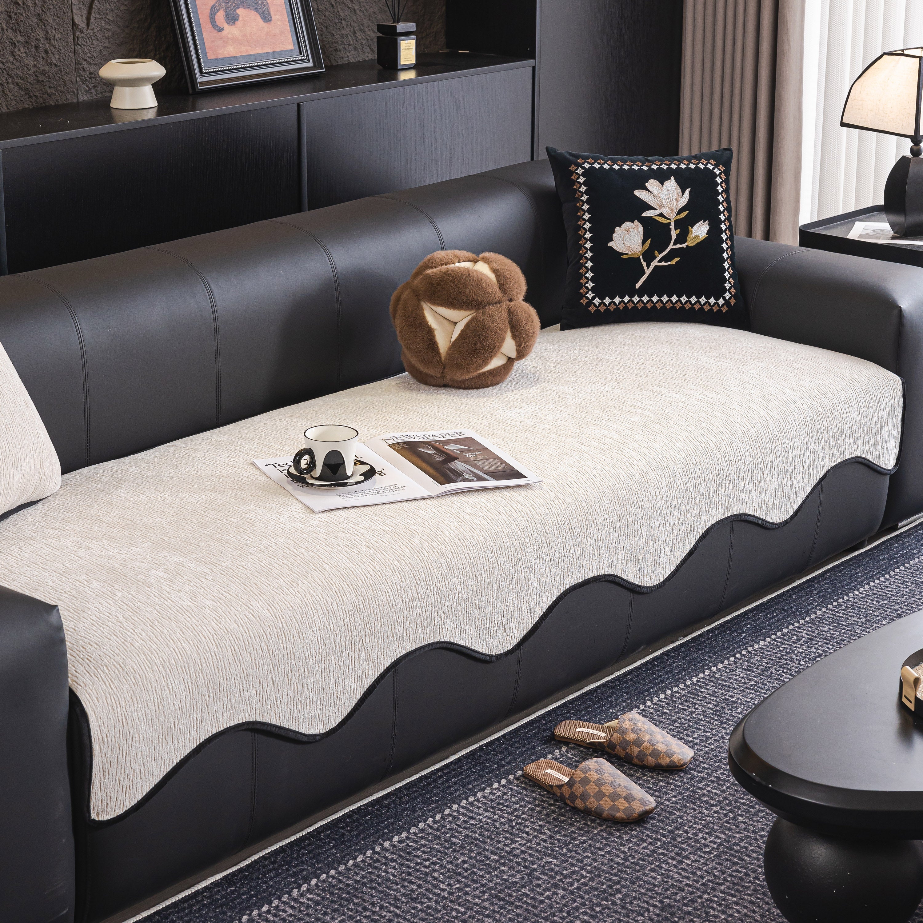 Chenille Couch Cover with Scalloped Edge, Non-Slip Modular Slipcover Sectional - Image 148