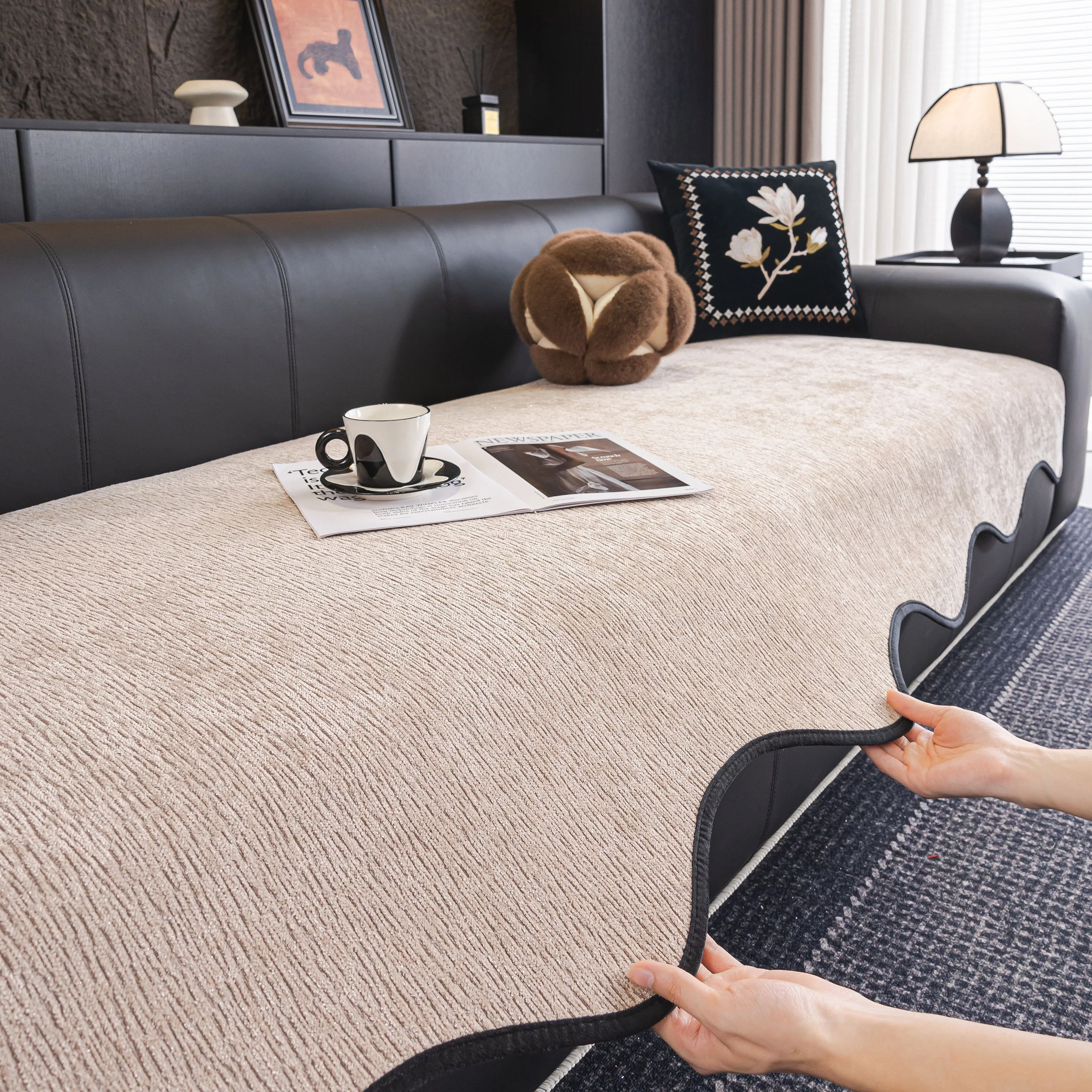 Chenille Couch Cover with Scalloped Edge, Non-Slip Modular Slipcover Sectional - Image 5
