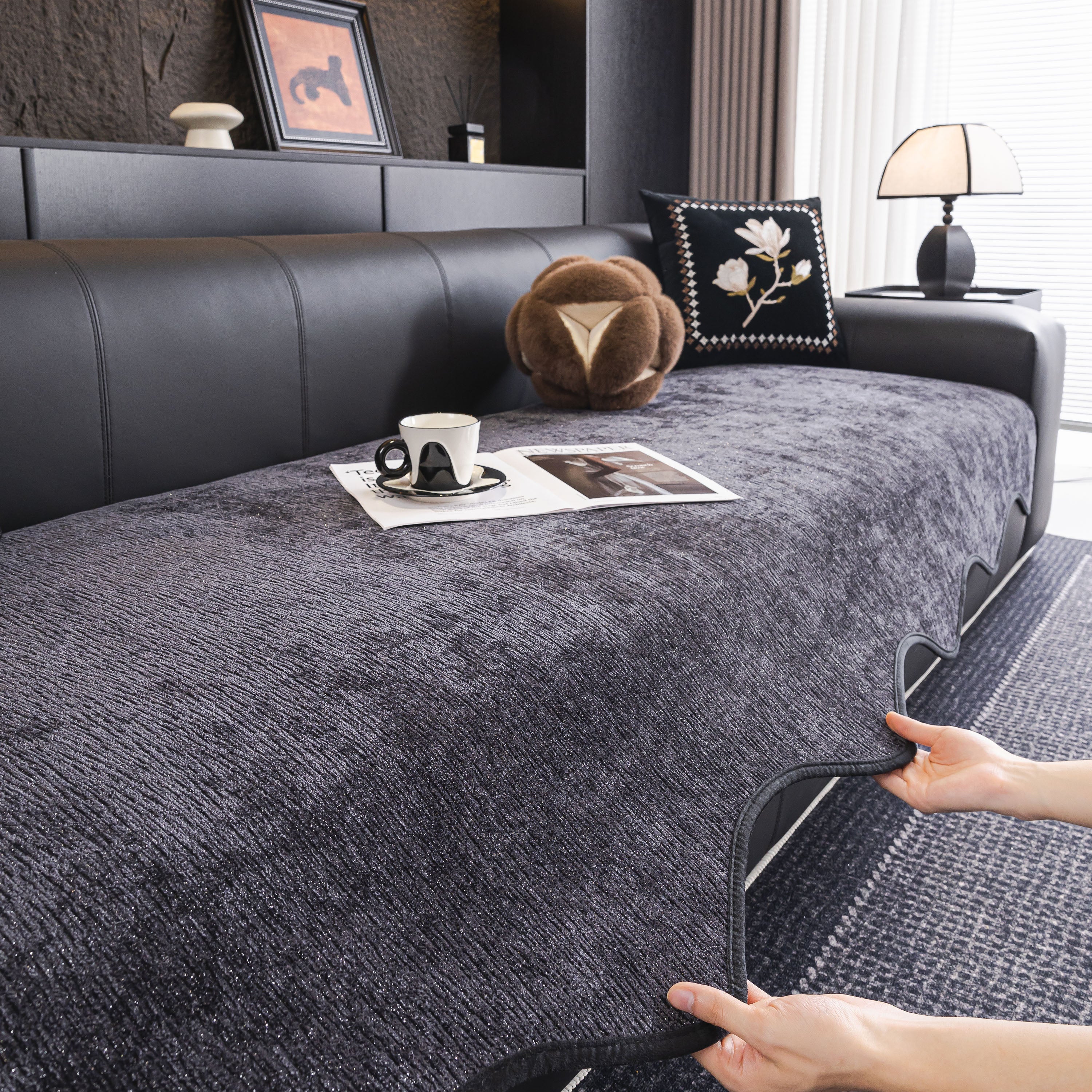 Chenille Couch Cover with Scalloped Edge, Non-Slip Modular Slipcover Sectional - Image 83