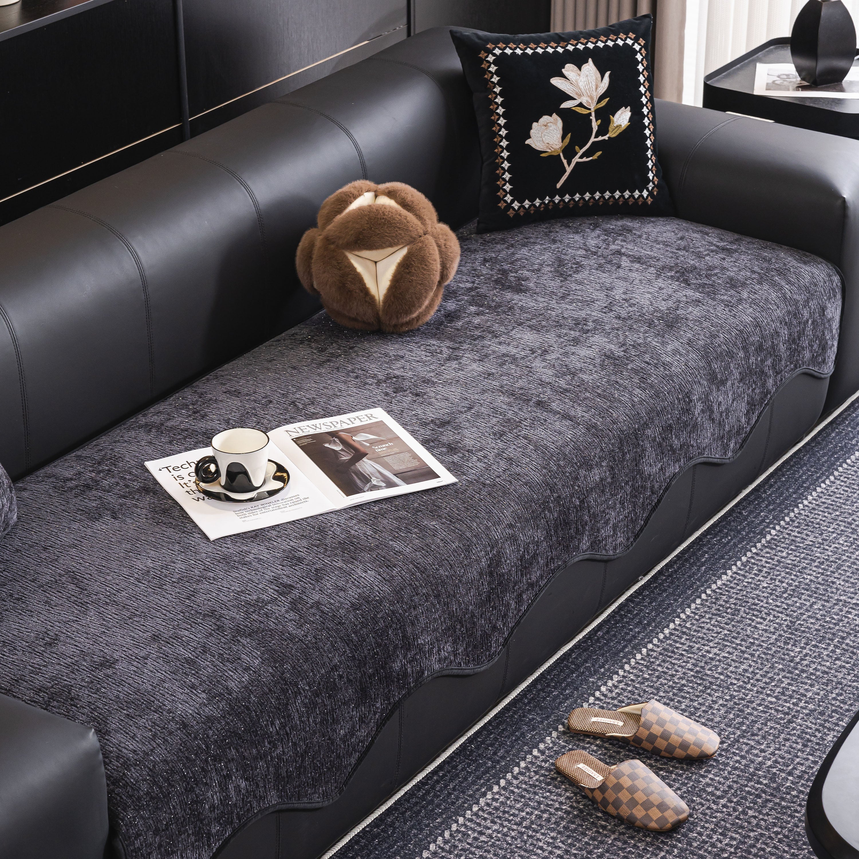 Chenille Couch Cover with Scalloped Edge, Non-Slip Modular Slipcover Sectional - Image 89