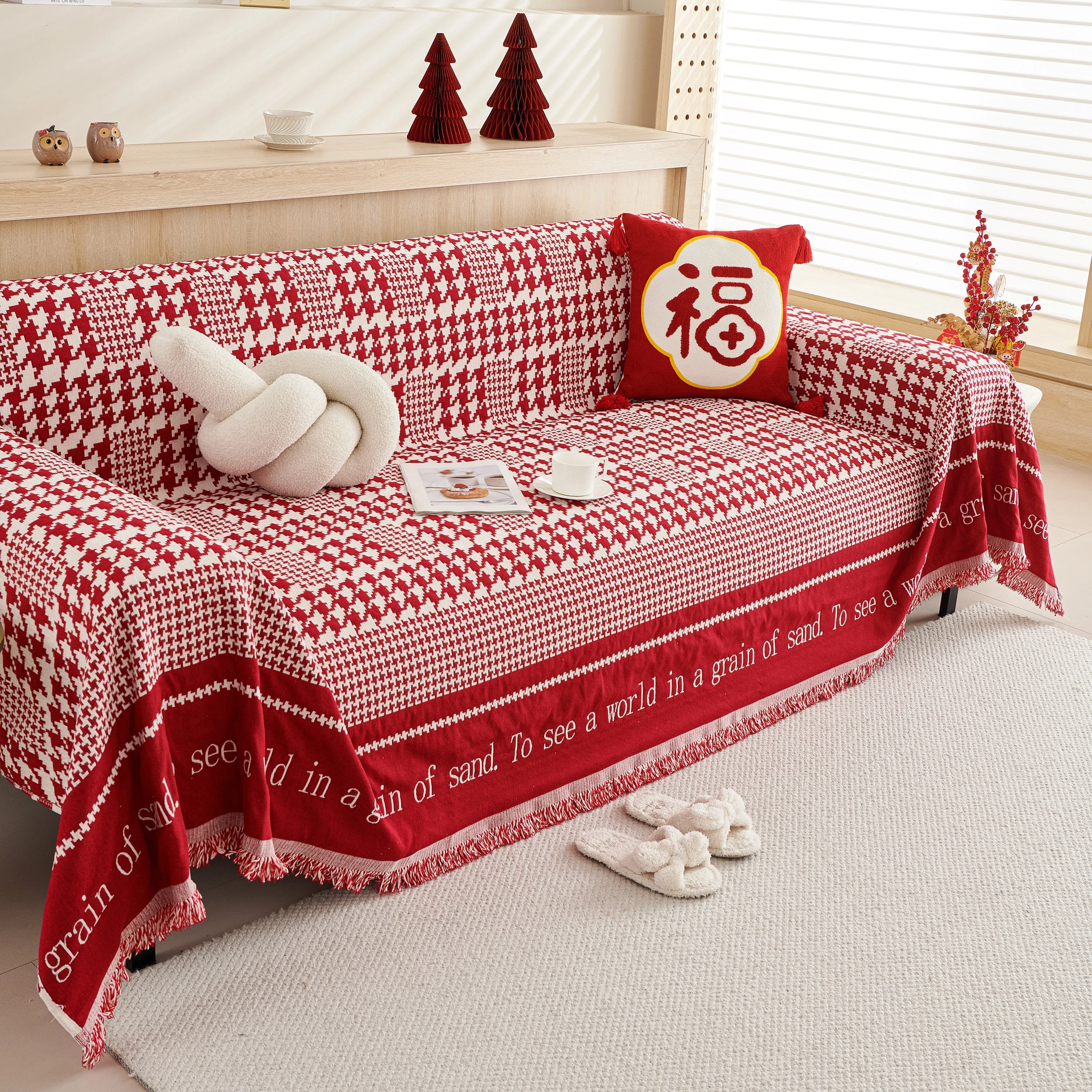 Chenille Houndstooth Couch Cover, Chaise Lounge Blanket Cover, Sectional Couch Scratch Protector - Image 100