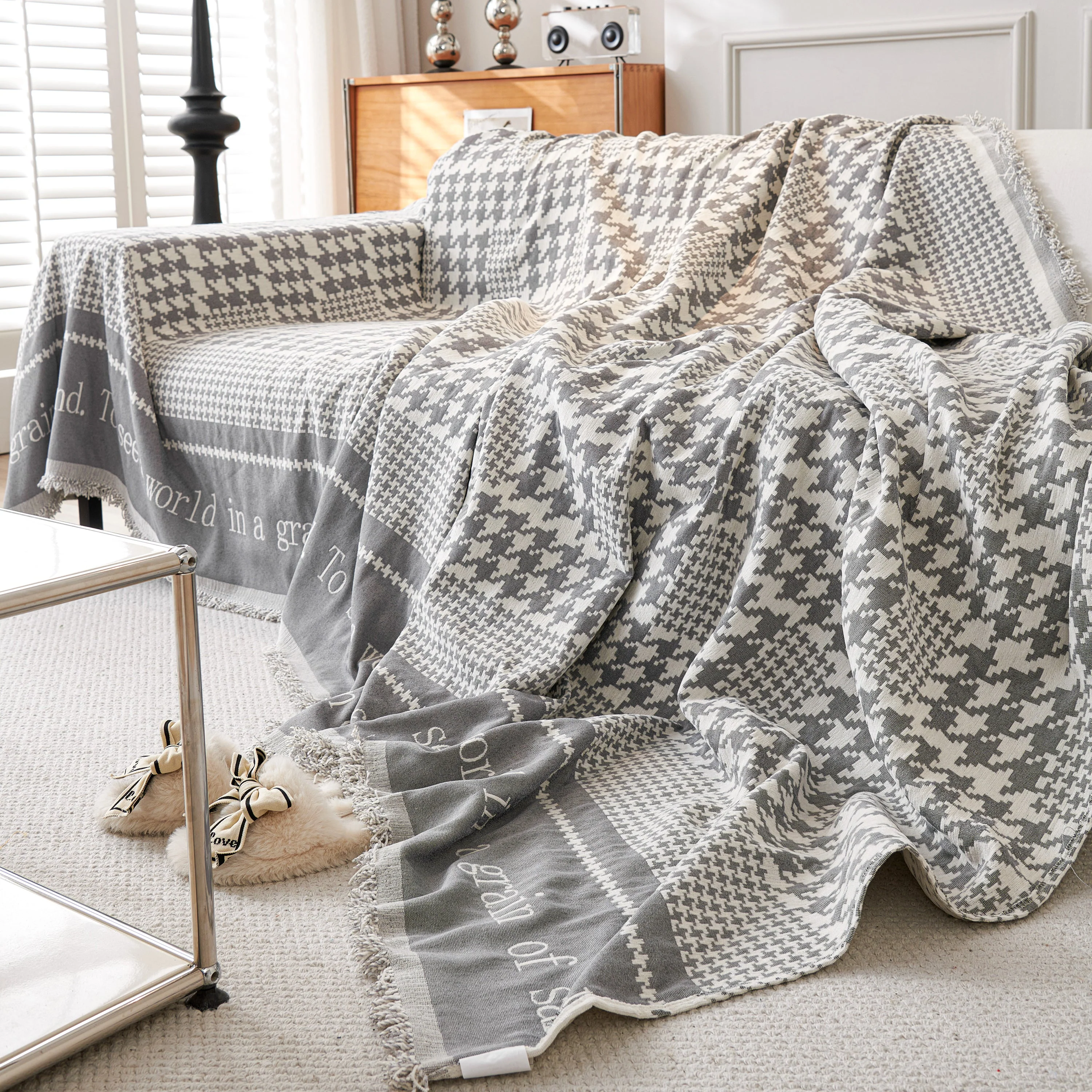 Chenille Houndstooth Couch Cover, Chaise Lounge Blanket Cover, Sectional Couch Scratch Protector - Image 101