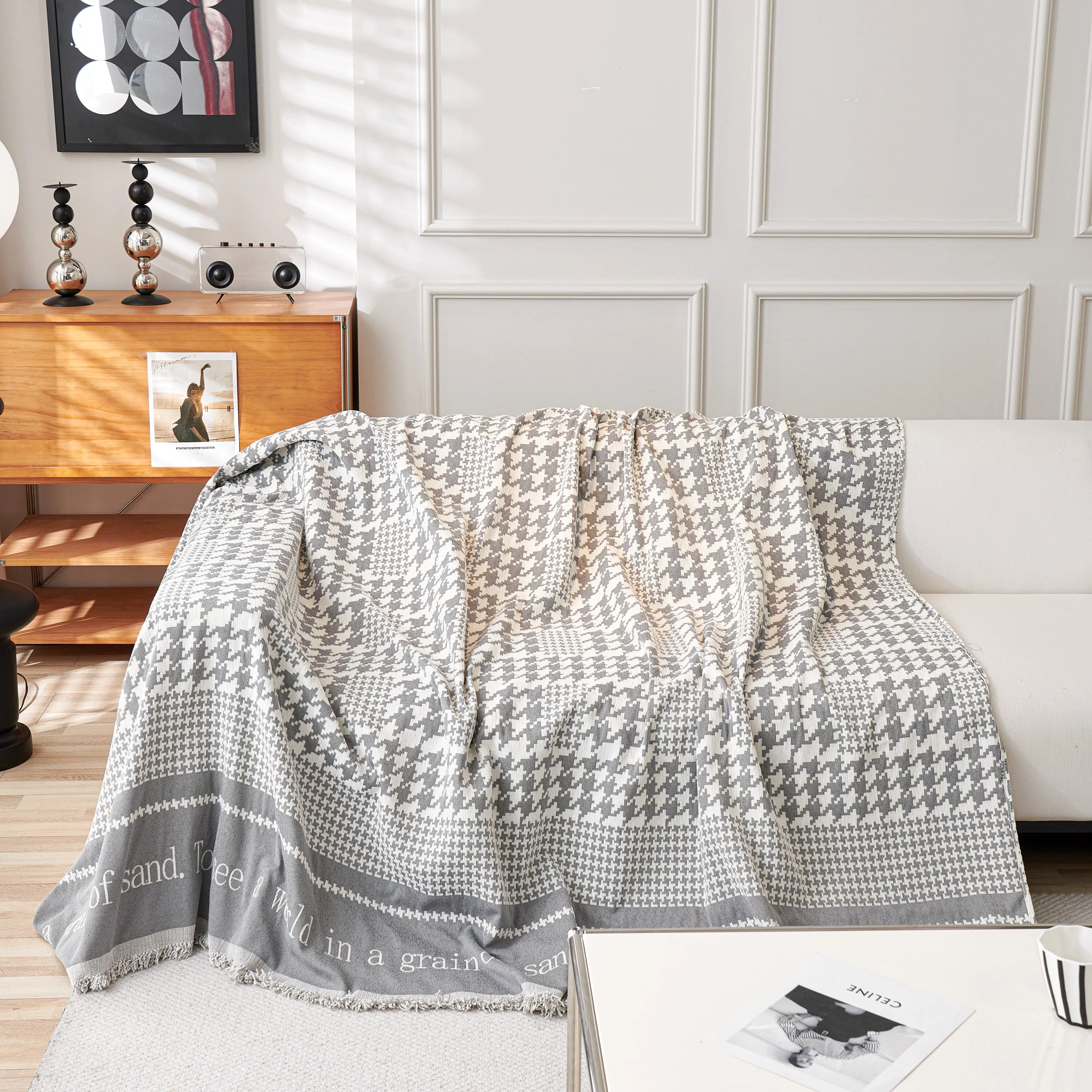 Chenille Houndstooth Couch Cover, Chaise Lounge Blanket Cover, Sectional Couch Scratch Protector - Image 103