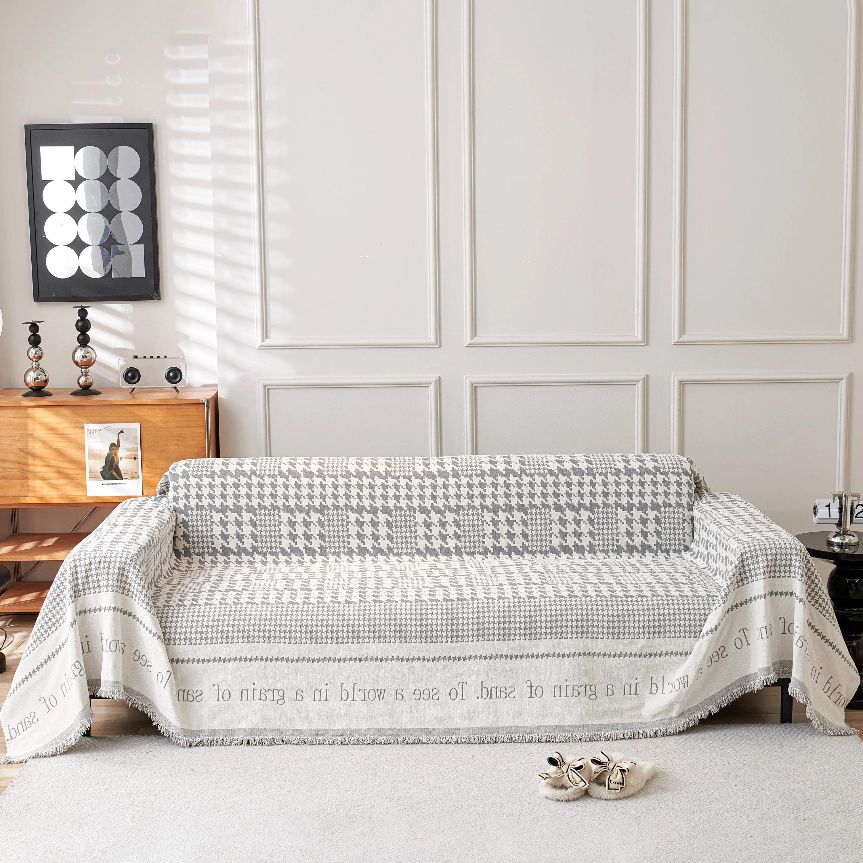 Chenille Houndstooth Couch Cover, Chaise Lounge Blanket Cover, Sectional Couch Scratch Protector - Image 107