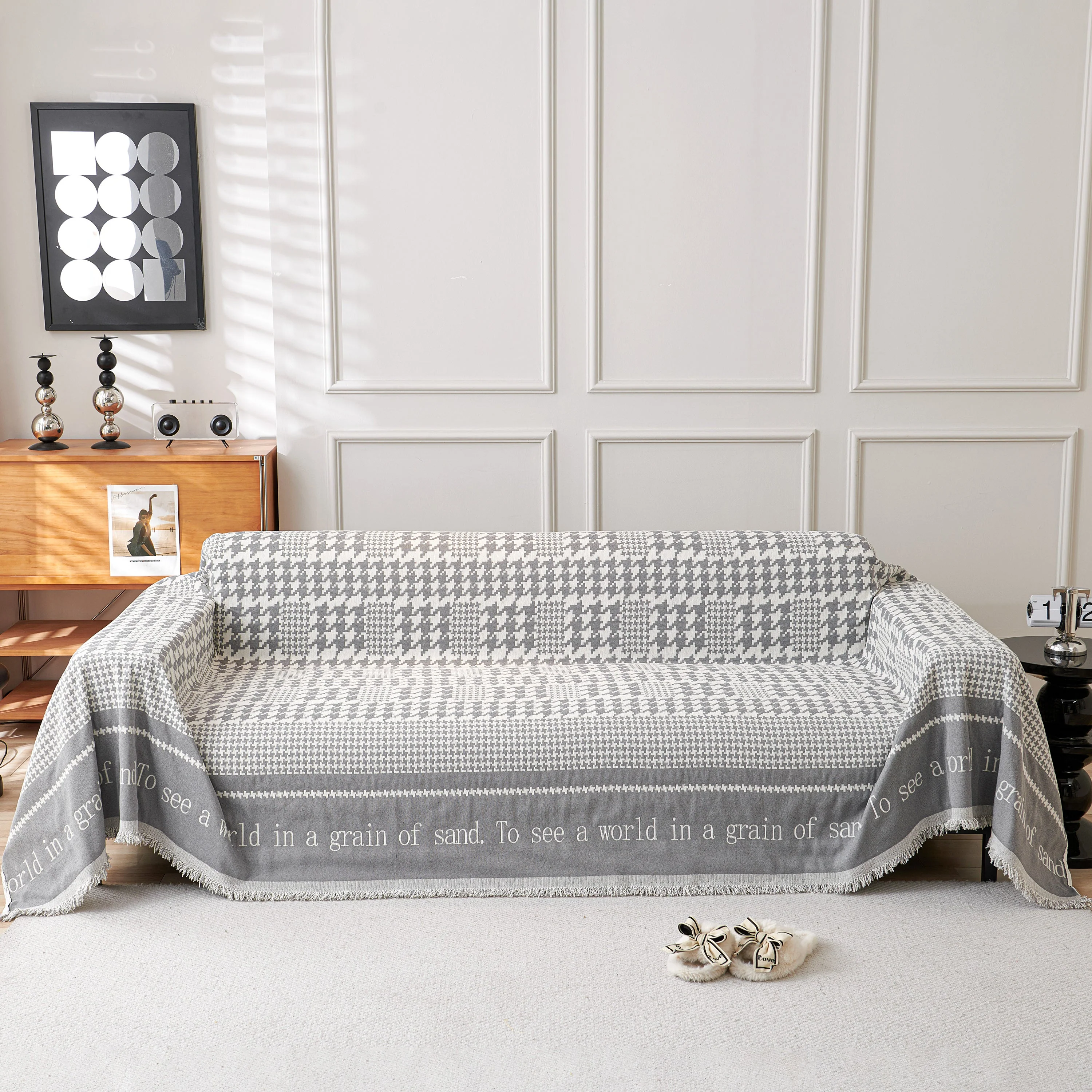 Chenille Houndstooth Couch Cover, Chaise Lounge Blanket Cover, Sectional Couch Scratch Protector - Image 108