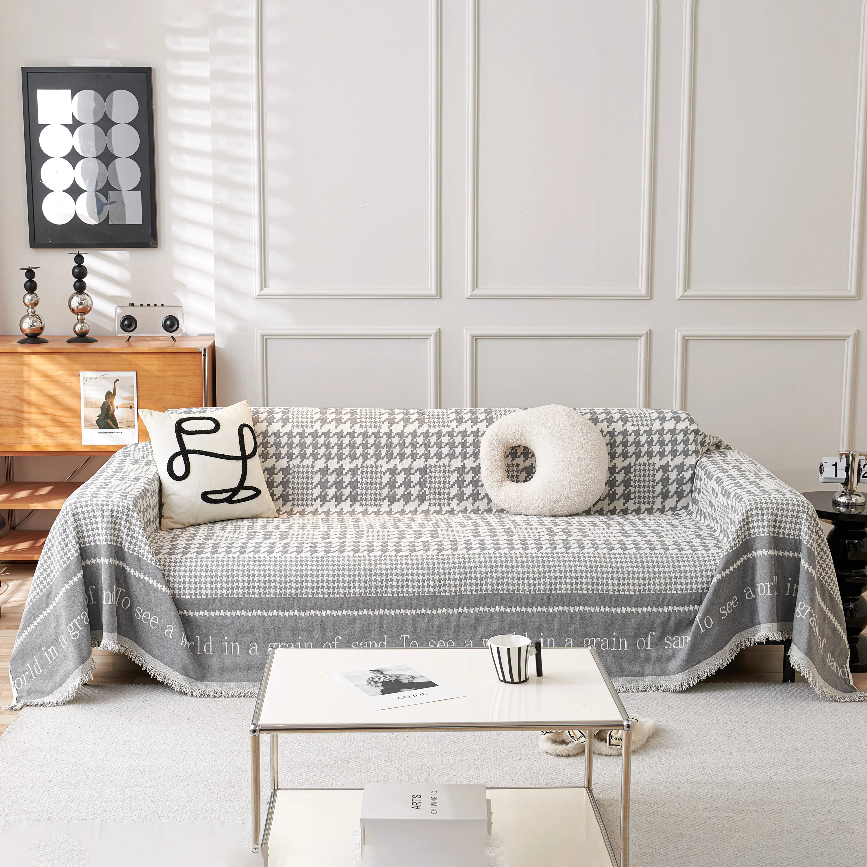 Chenille Houndstooth Couch Cover, Chaise Lounge Blanket Cover, Sectional Couch Scratch Protector - Image 109