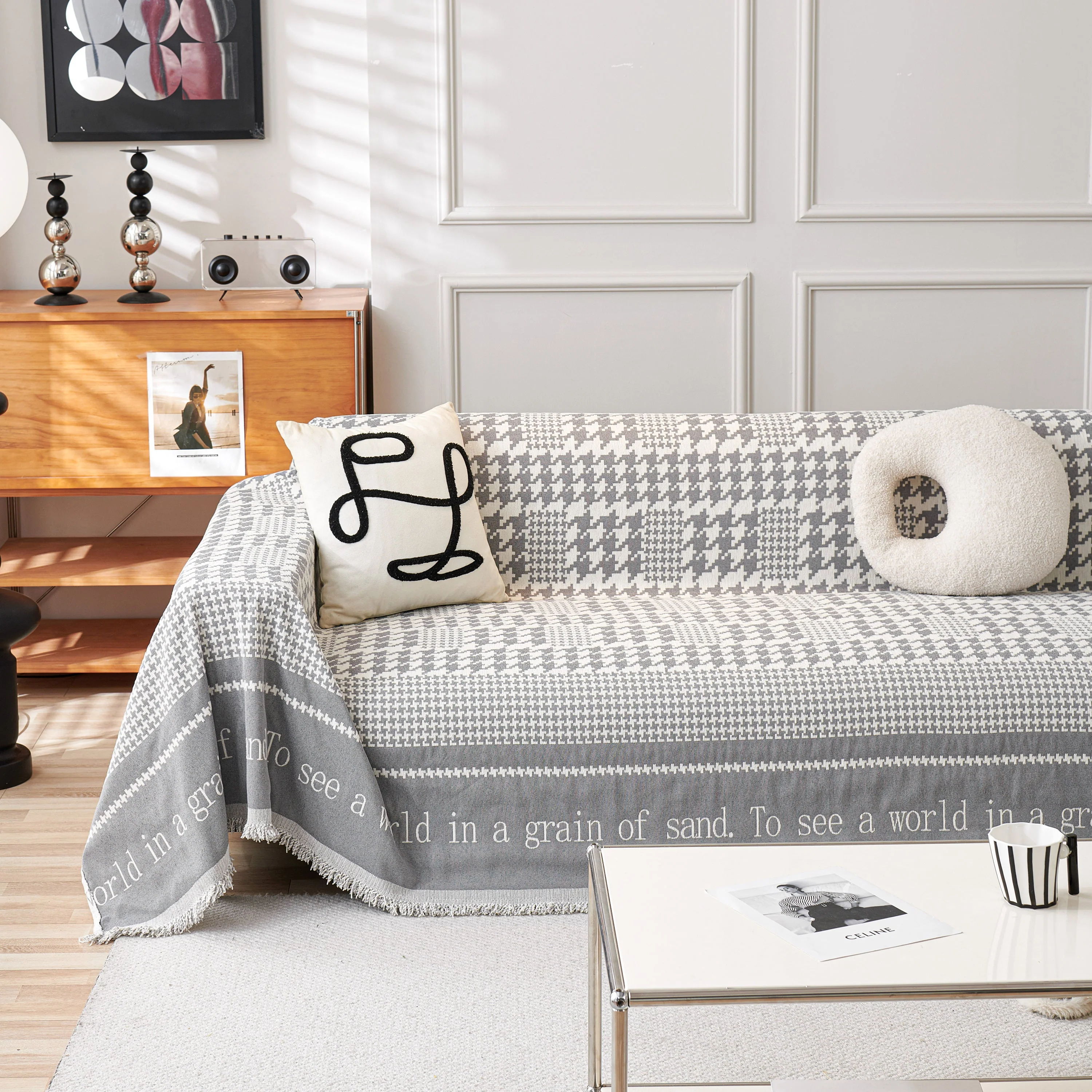 Chenille Houndstooth Couch Cover, Chaise Lounge Blanket Cover, Sectional Couch Scratch Protector - Image 110