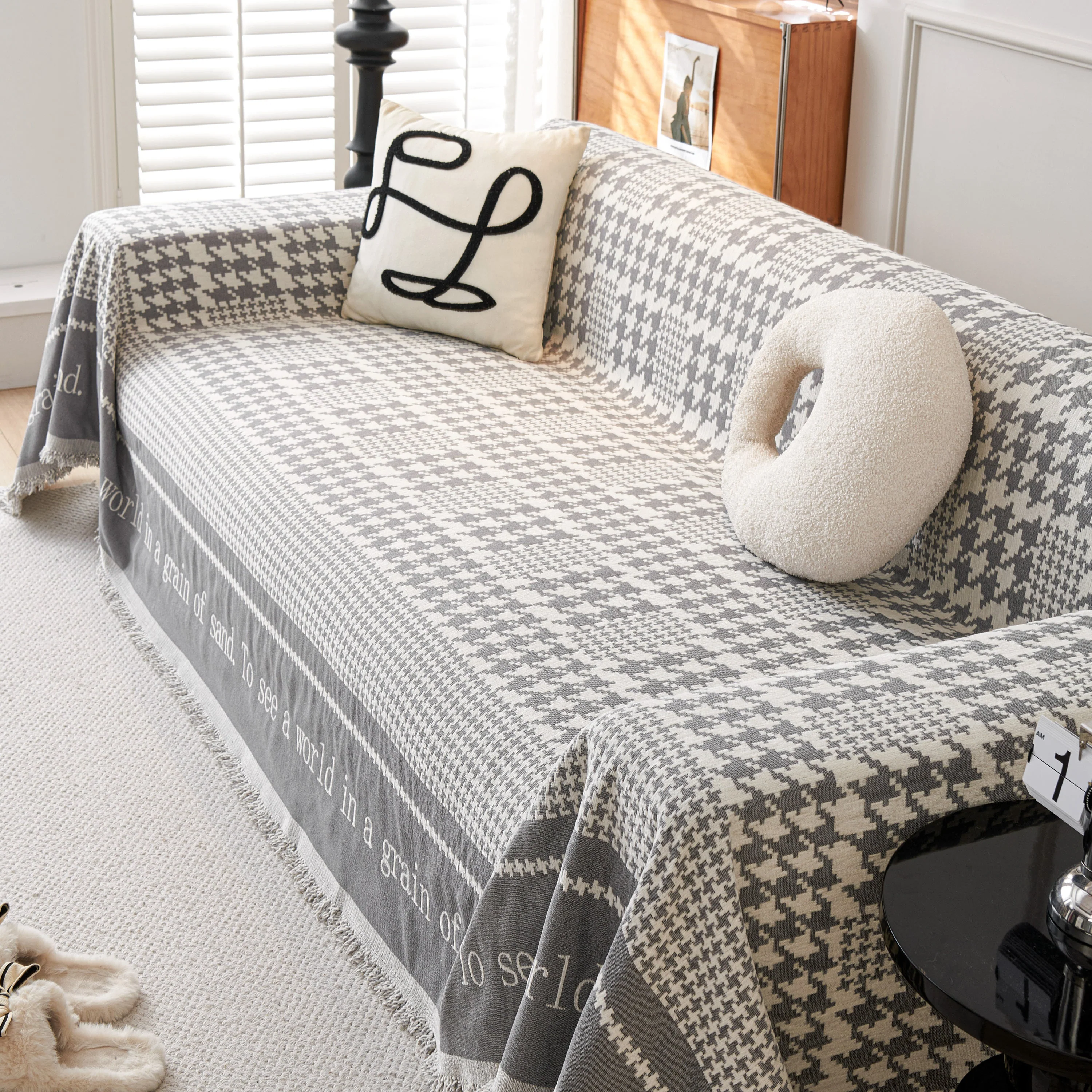 Chenille Houndstooth Couch Cover, Chaise Lounge Blanket Cover, Sectional Couch Scratch Protector - Image 114