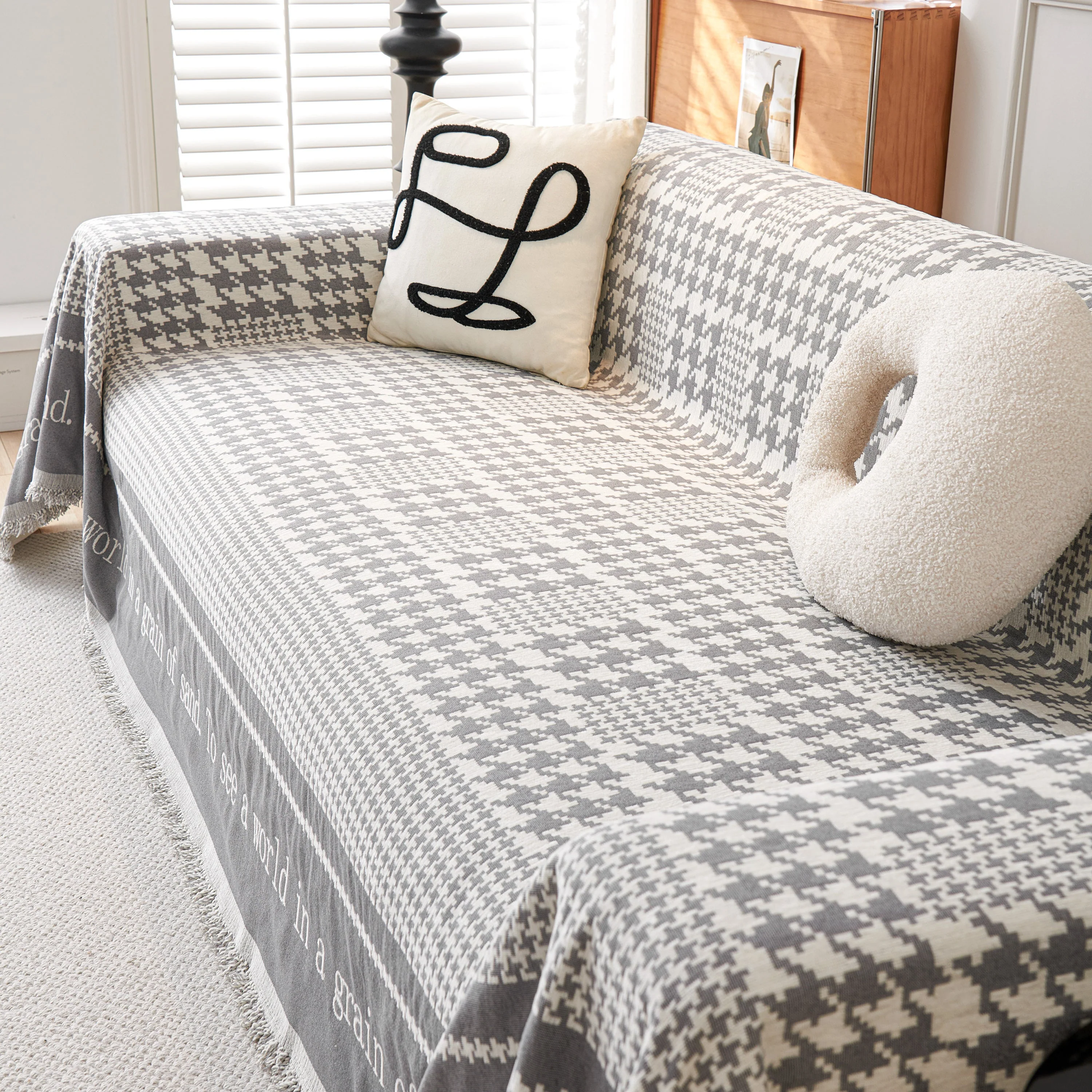 Chenille Houndstooth Couch Cover, Chaise Lounge Blanket Cover, Sectional Couch Scratch Protector - Image 115
