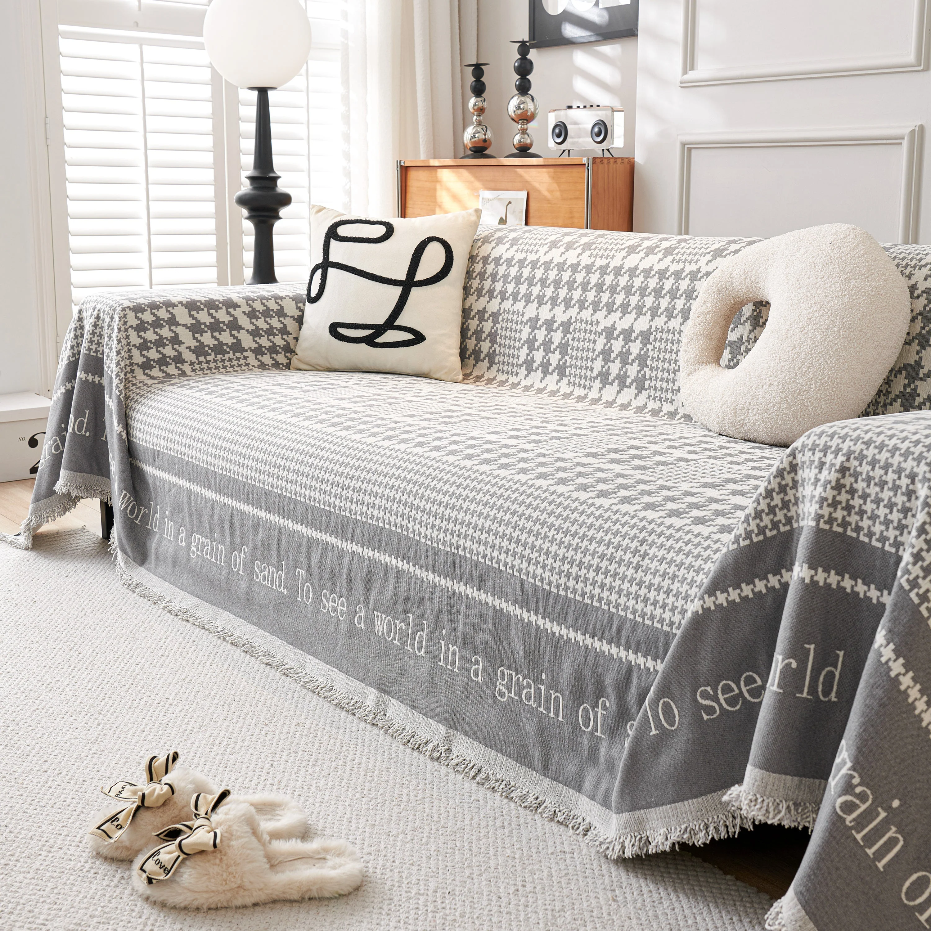 Chenille Houndstooth Couch Cover, Chaise Lounge Blanket Cover, Sectional Couch Scratch Protector - Image 116