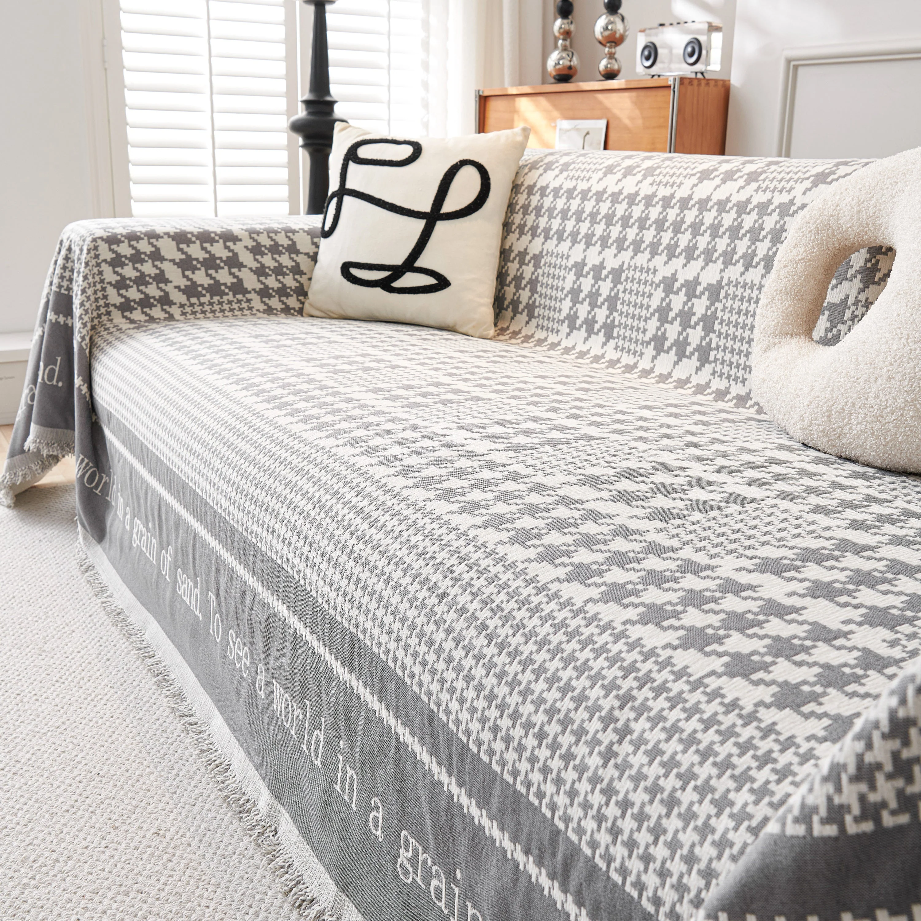 Chenille Houndstooth Couch Cover, Chaise Lounge Blanket Cover, Sectional Couch Scratch Protector - Image 117