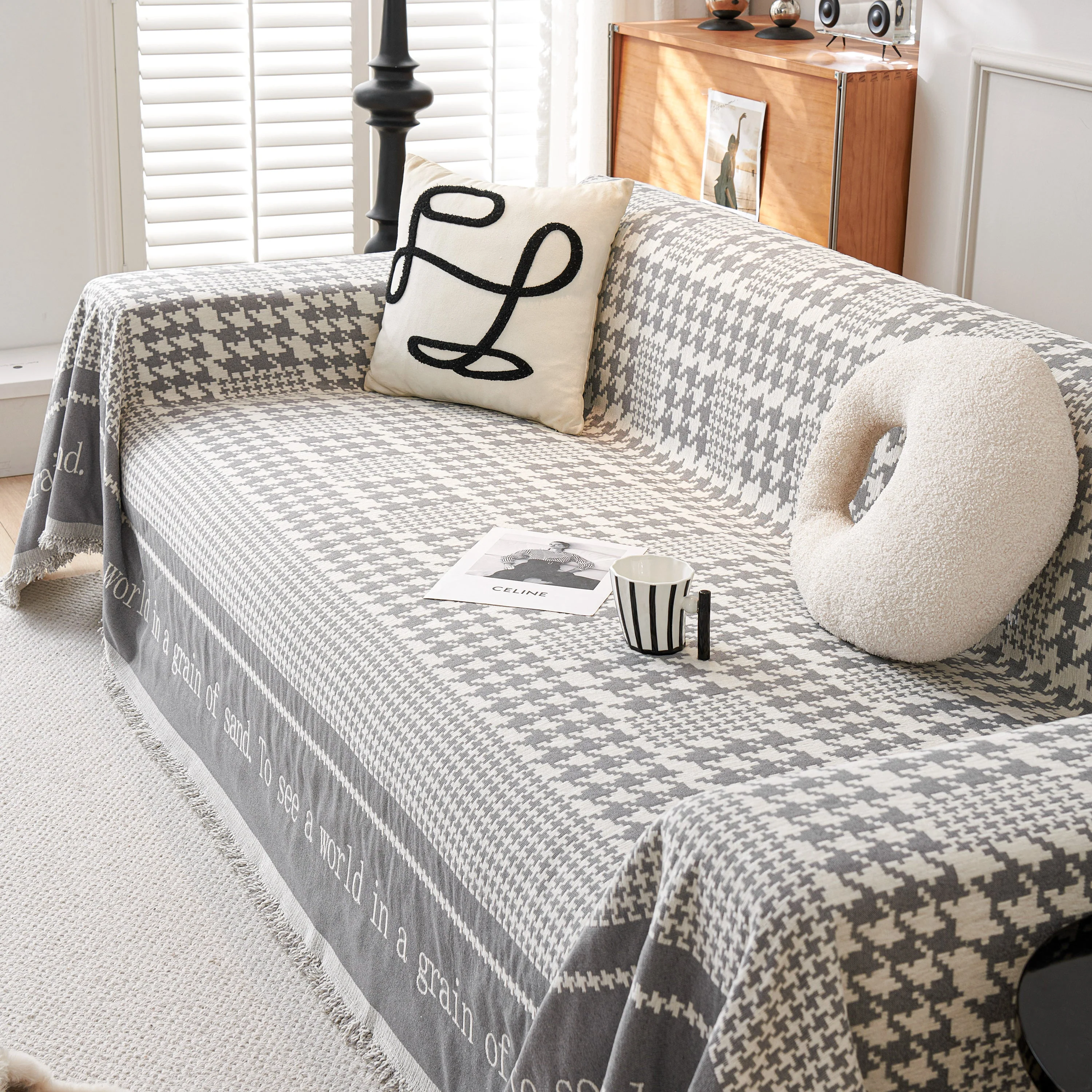 Chenille Houndstooth Couch Cover, Chaise Lounge Blanket Cover, Sectional Couch Scratch Protector - Image 119