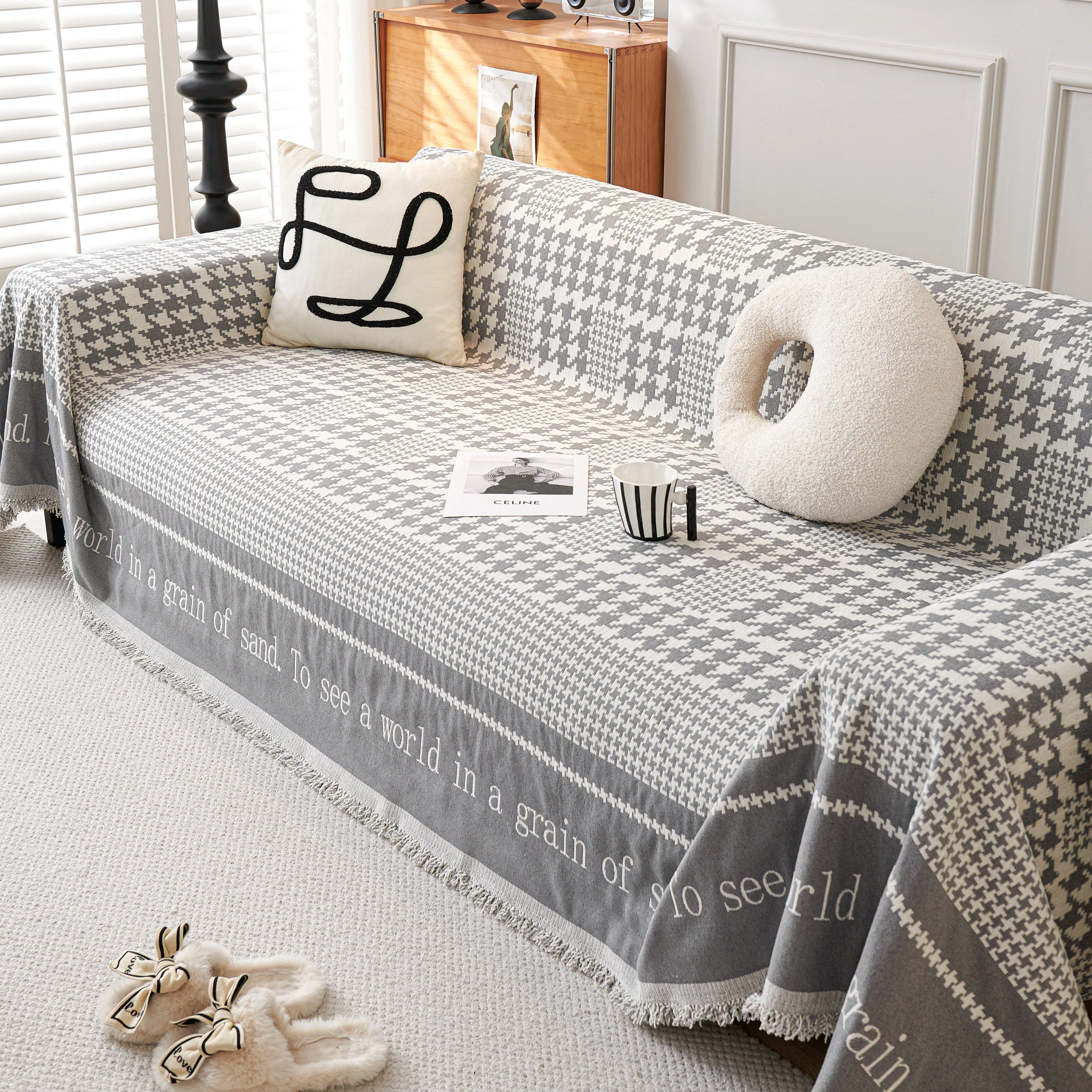 Chenille Houndstooth Couch Cover, Chaise Lounge Blanket Cover, Sectional Couch Scratch Protector - Image 120