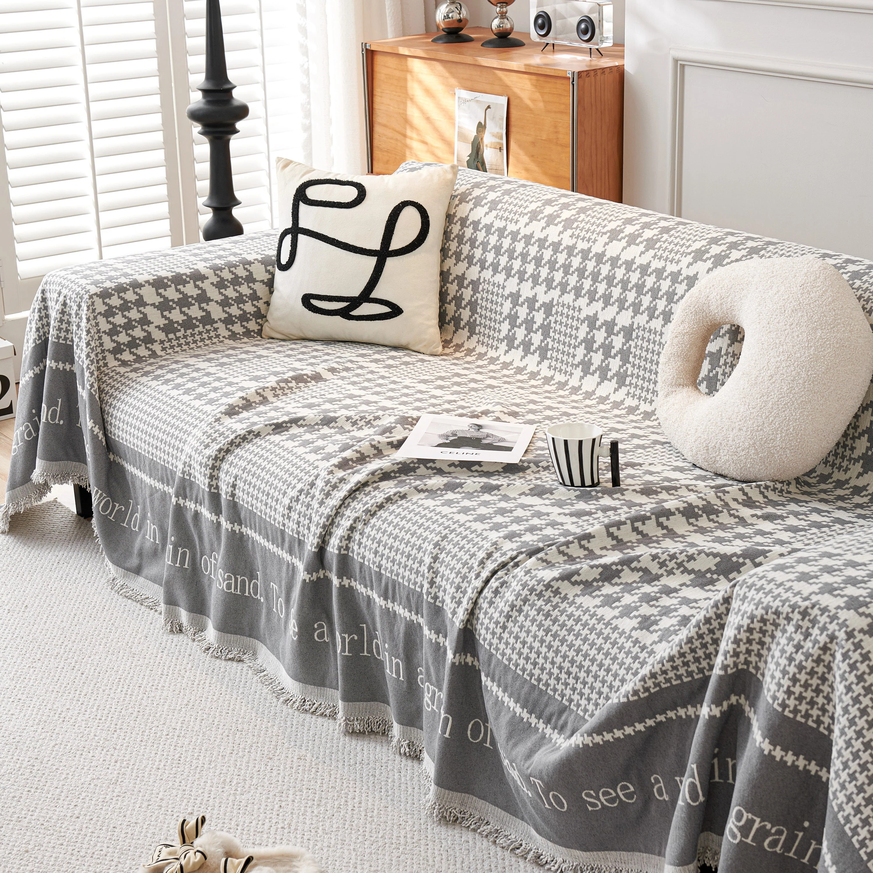Chenille Houndstooth Couch Cover, Chaise Lounge Blanket Cover, Sectional Couch Scratch Protector - Image 121
