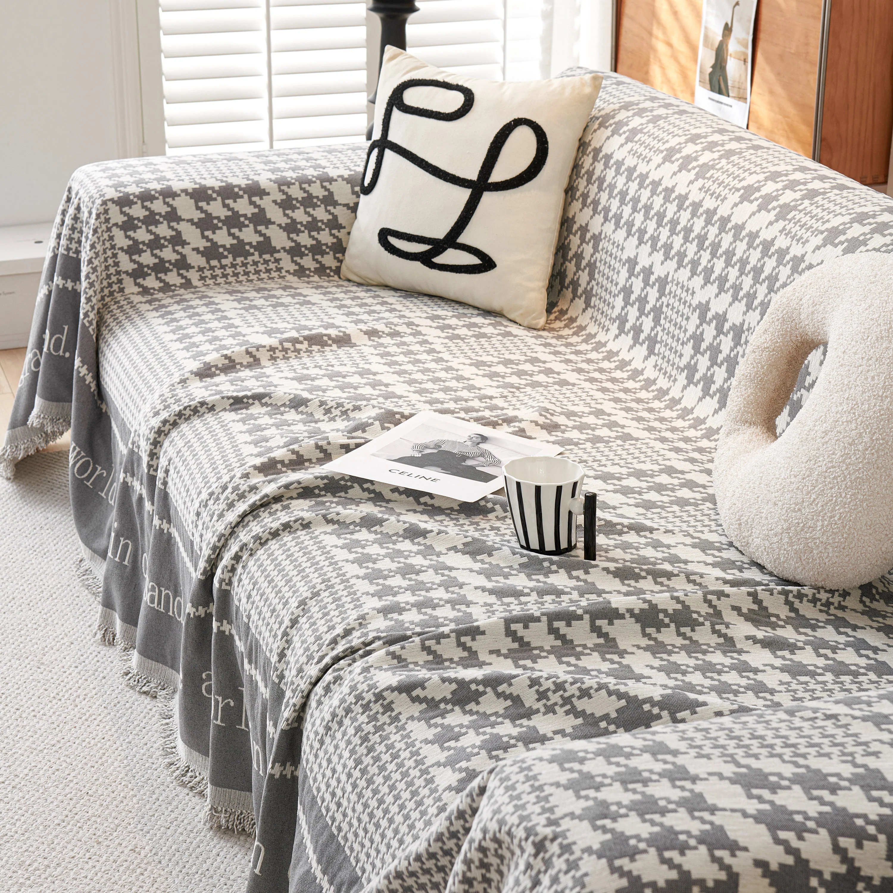 Chenille Houndstooth Couch Cover, Chaise Lounge Blanket Cover, Sectional Couch Scratch Protector - Image 122