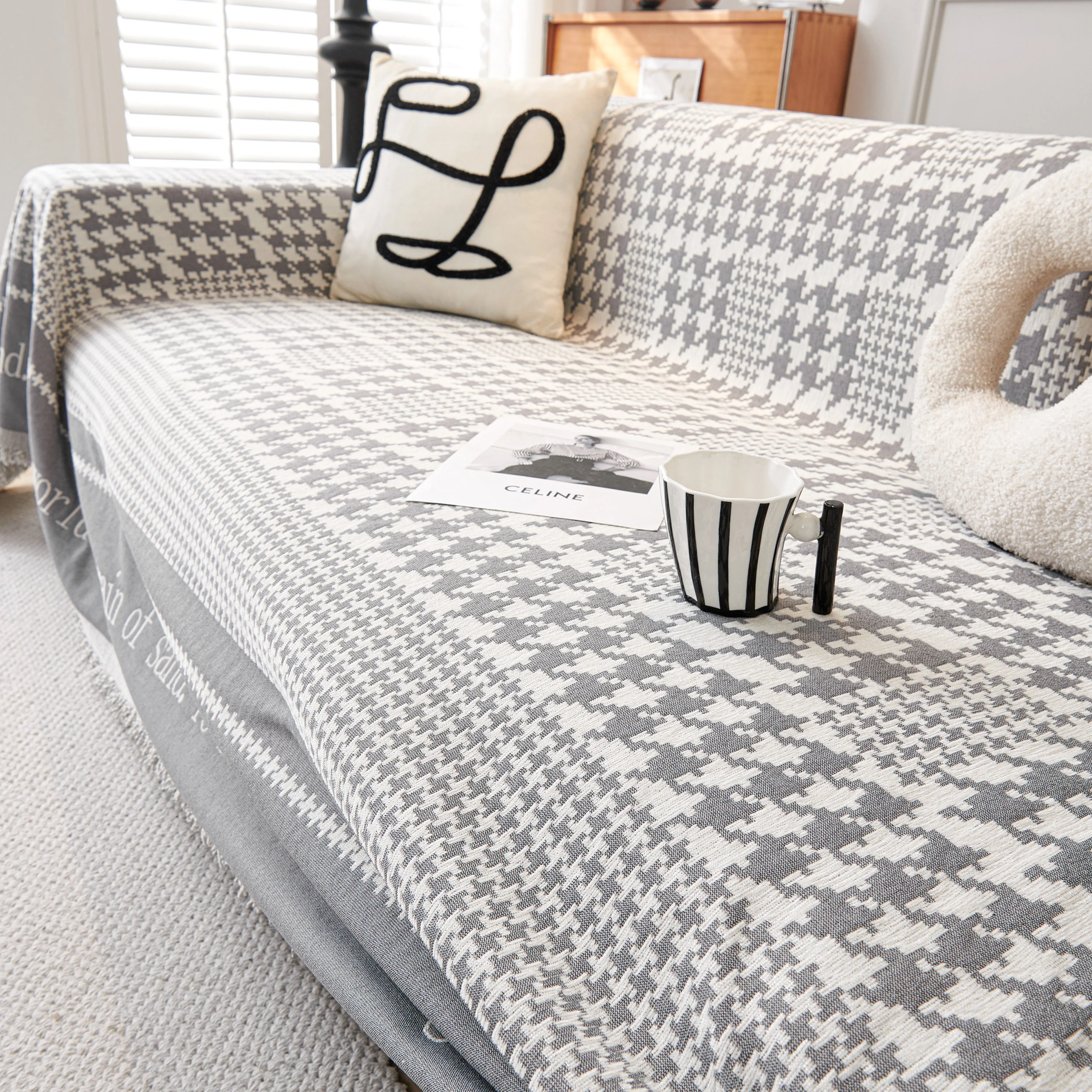 Chenille Houndstooth Couch Cover, Chaise Lounge Blanket Cover, Sectional Couch Scratch Protector - Image 125