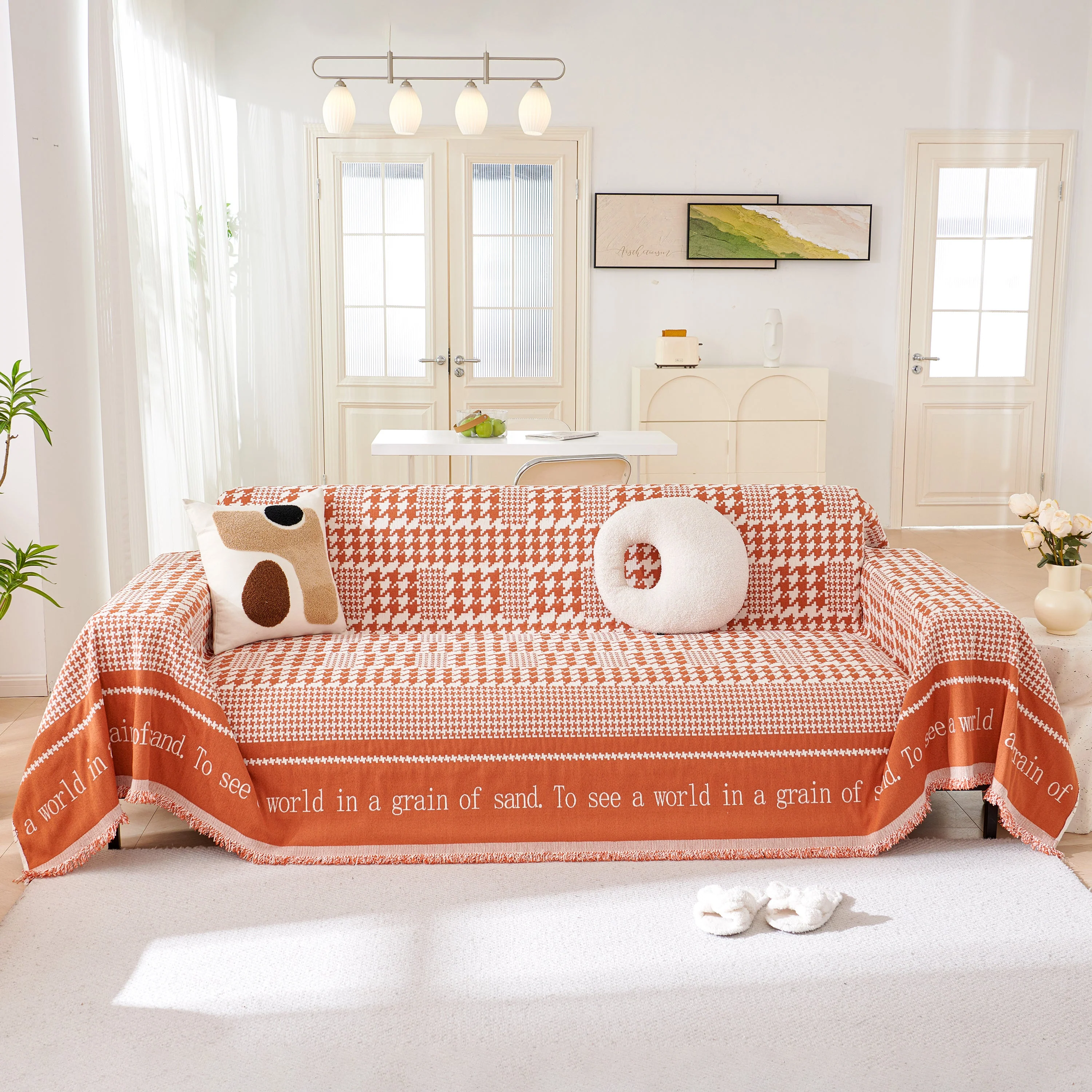 Chenille Houndstooth Couch Cover, Chaise Lounge Blanket Cover, Sectional Couch Scratch Protector - Image 126