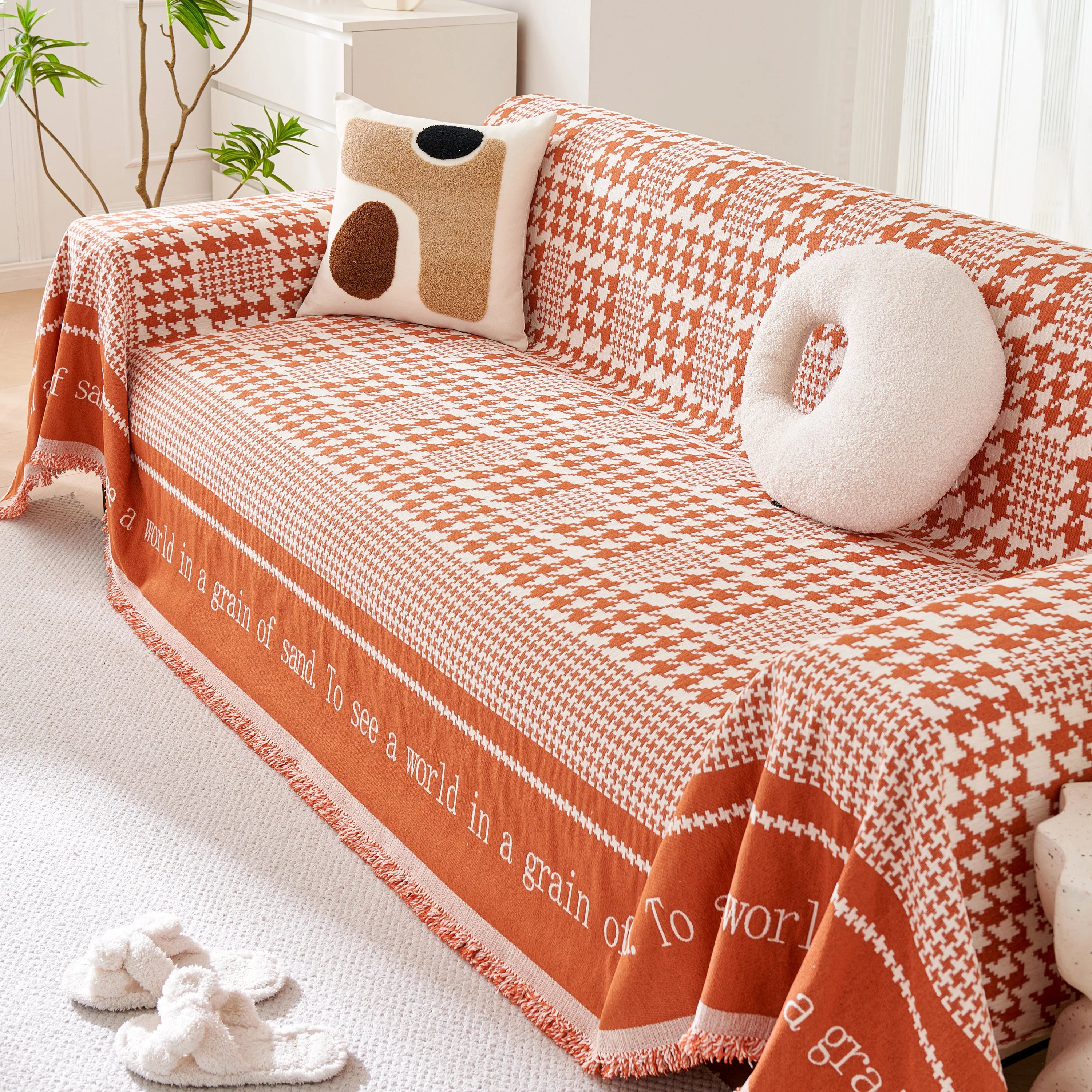 Chenille Houndstooth Couch Cover, Chaise Lounge Blanket Cover, Sectional Couch Scratch Protector - Image 130