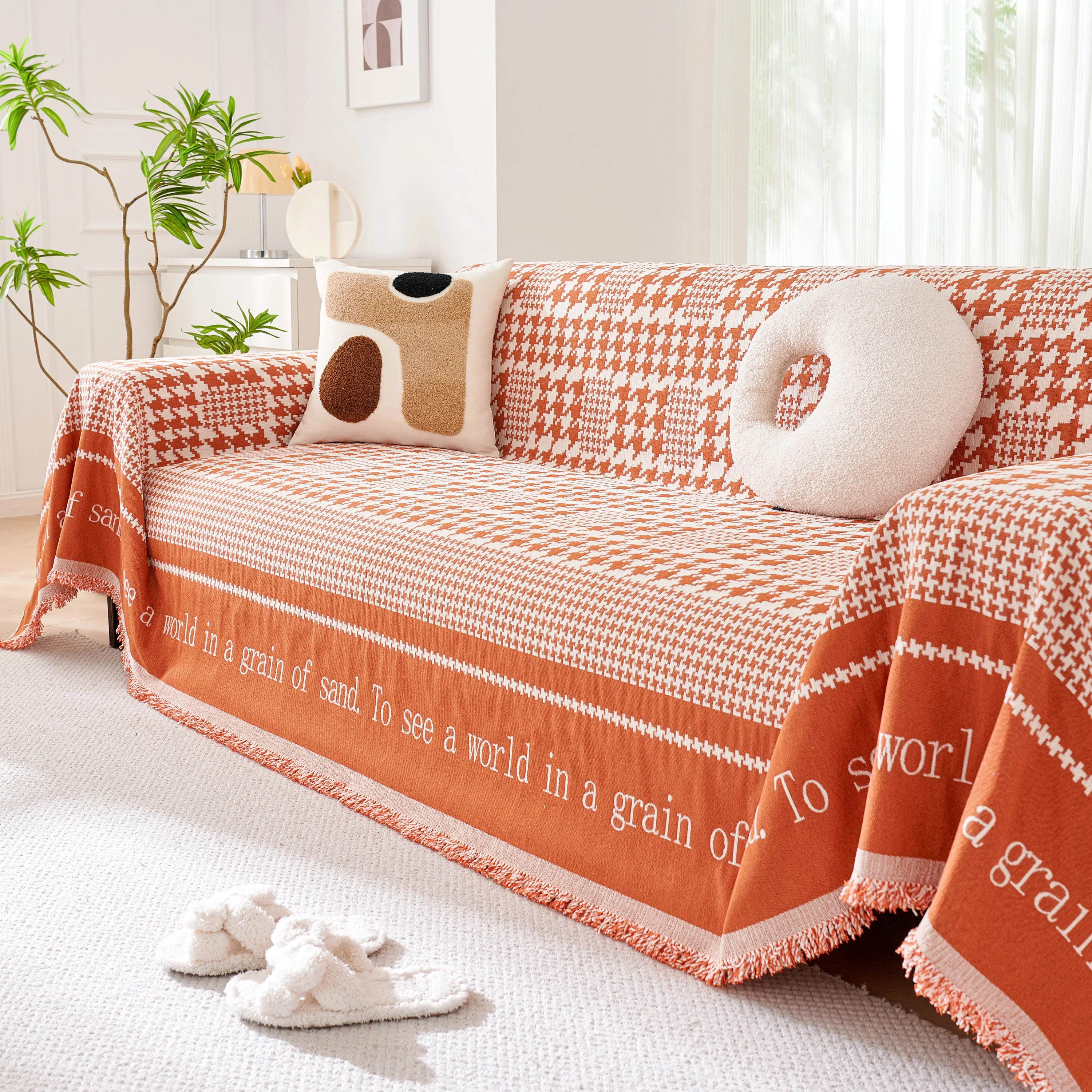 Chenille Houndstooth Couch Cover, Chaise Lounge Blanket Cover, Sectional Couch Scratch Protector - Image 131