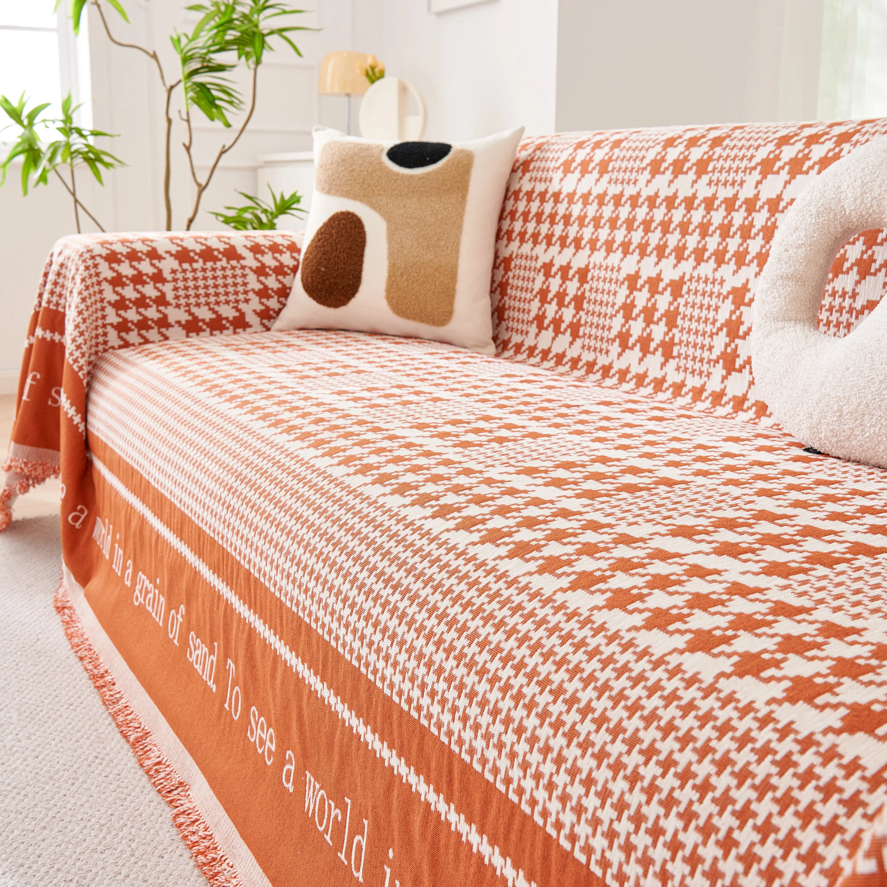 Chenille Houndstooth Couch Cover, Chaise Lounge Blanket Cover, Sectional Couch Scratch Protector - Image 133