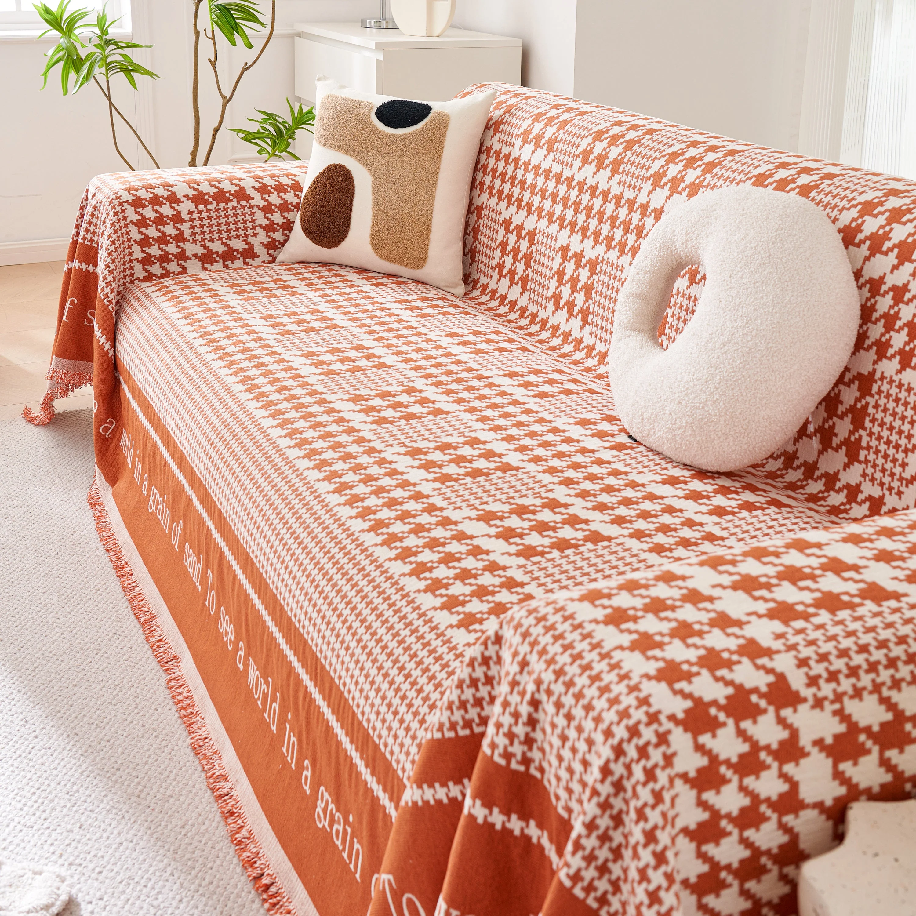 Chenille Houndstooth Couch Cover, Chaise Lounge Blanket Cover, Sectional Couch Scratch Protector - Image 134