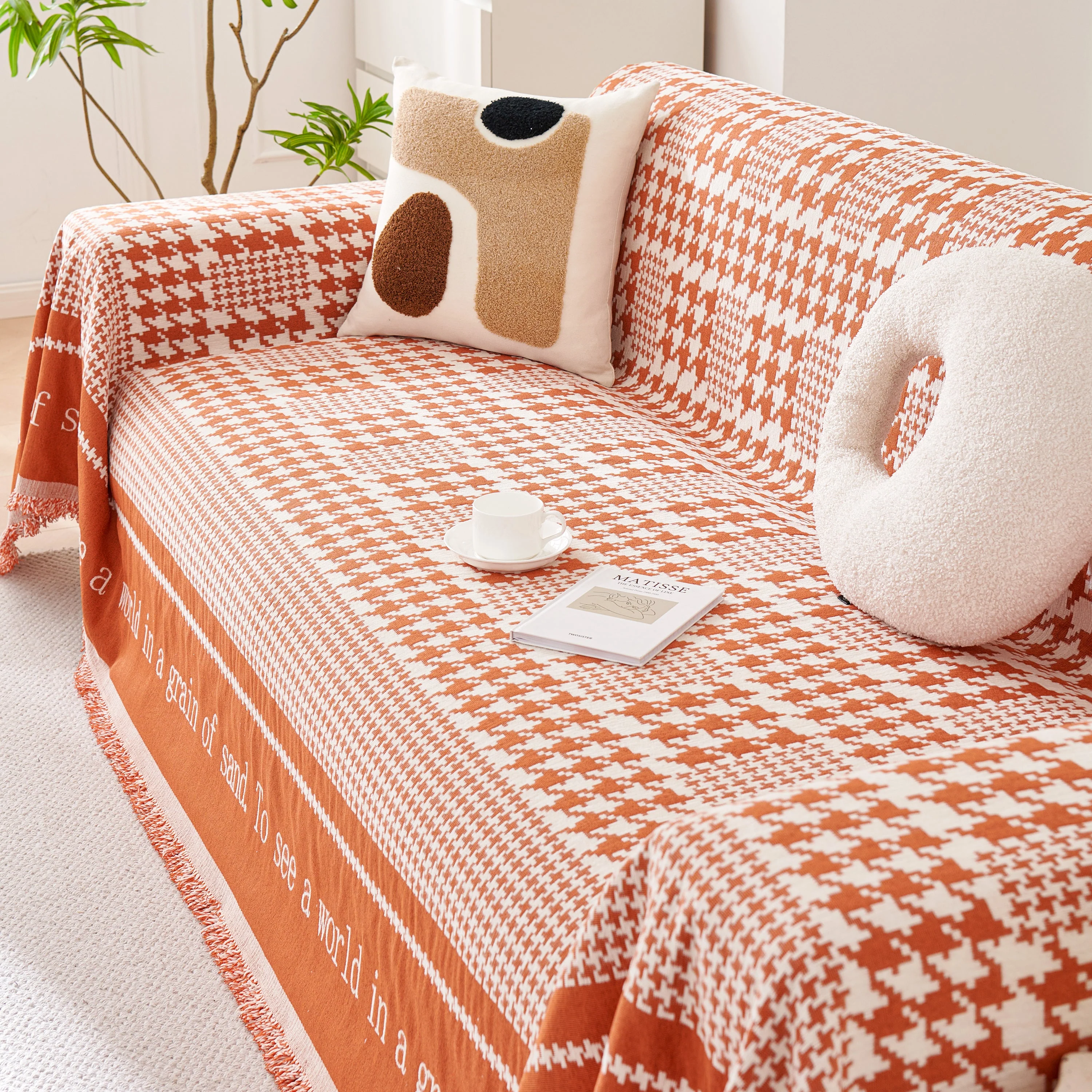 Chenille Houndstooth Couch Cover, Chaise Lounge Blanket Cover, Sectional Couch Scratch Protector - Image 135
