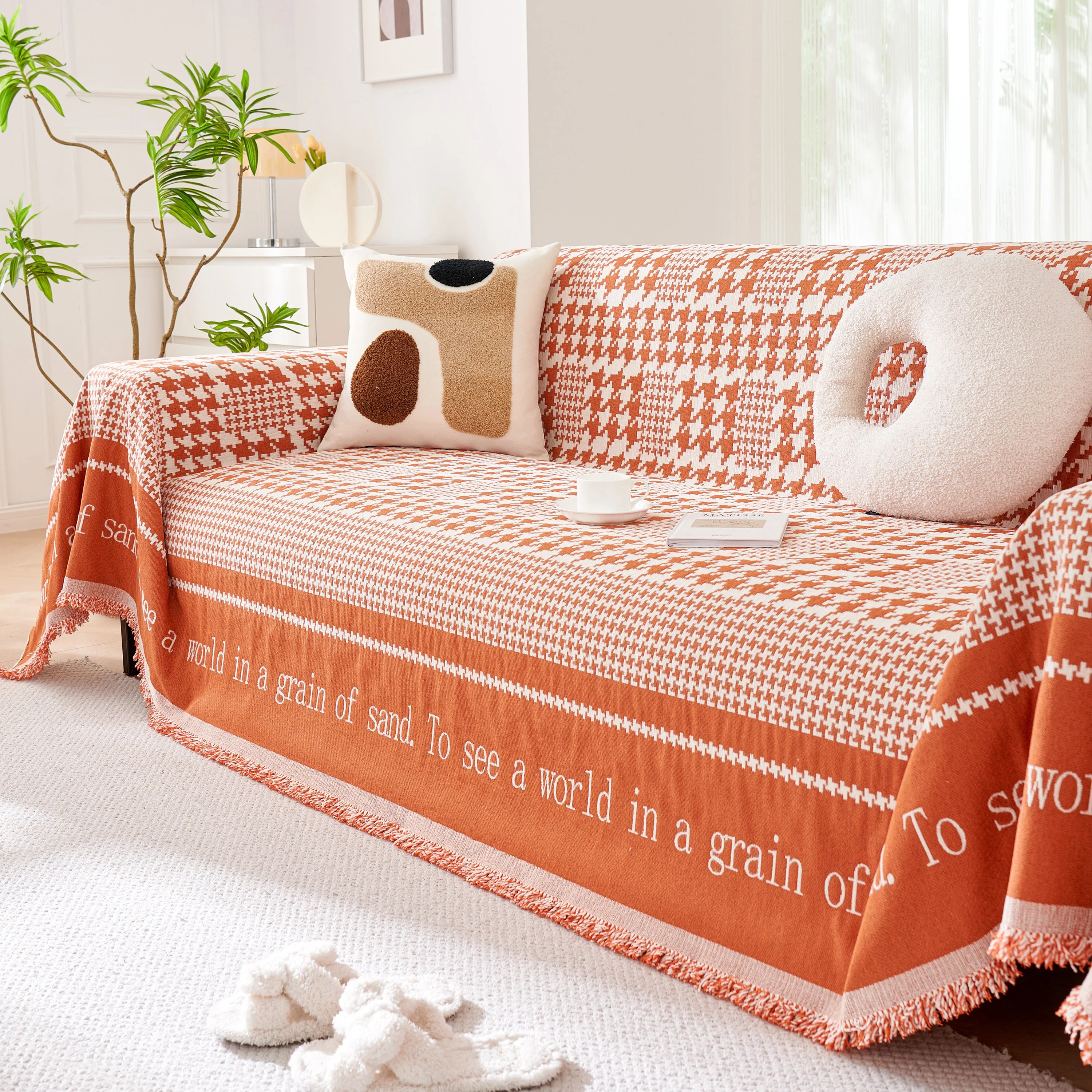 Chenille Houndstooth Couch Cover, Chaise Lounge Blanket Cover, Sectional Couch Scratch Protector - Image 136