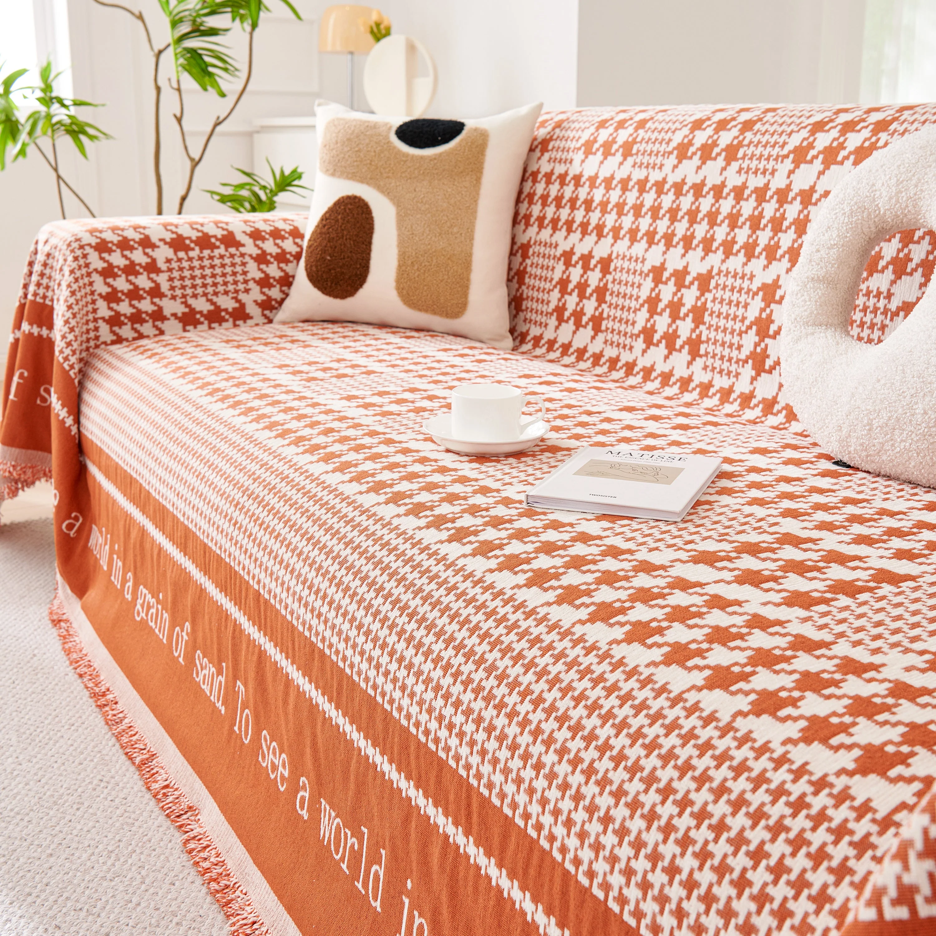 Chenille Houndstooth Couch Cover, Chaise Lounge Blanket Cover, Sectional Couch Scratch Protector - Image 137
