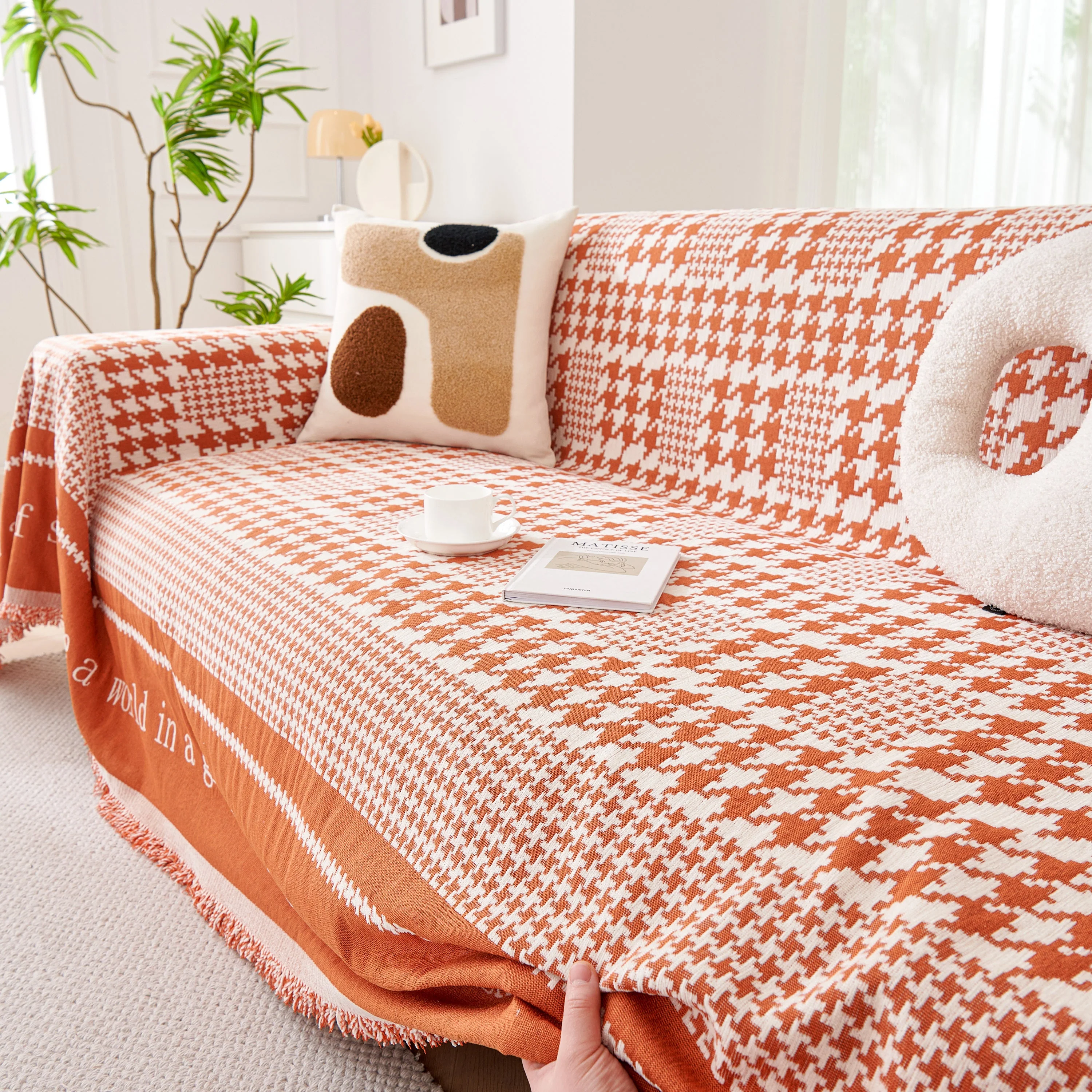 Chenille Houndstooth Couch Cover, Chaise Lounge Blanket Cover, Sectional Couch Scratch Protector - Image 138