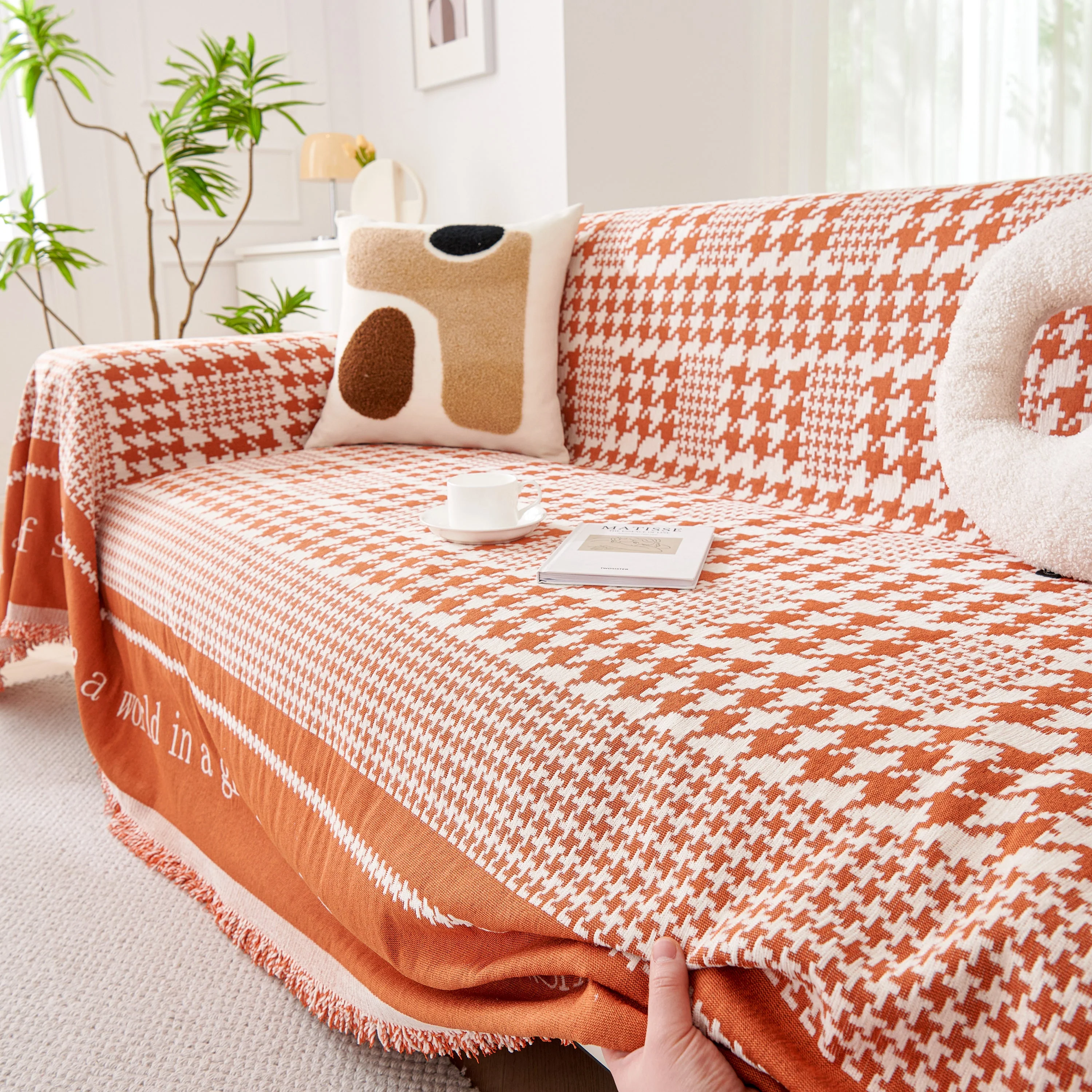Chenille Houndstooth Couch Cover, Chaise Lounge Blanket Cover, Sectional Couch Scratch Protector - Image 139
