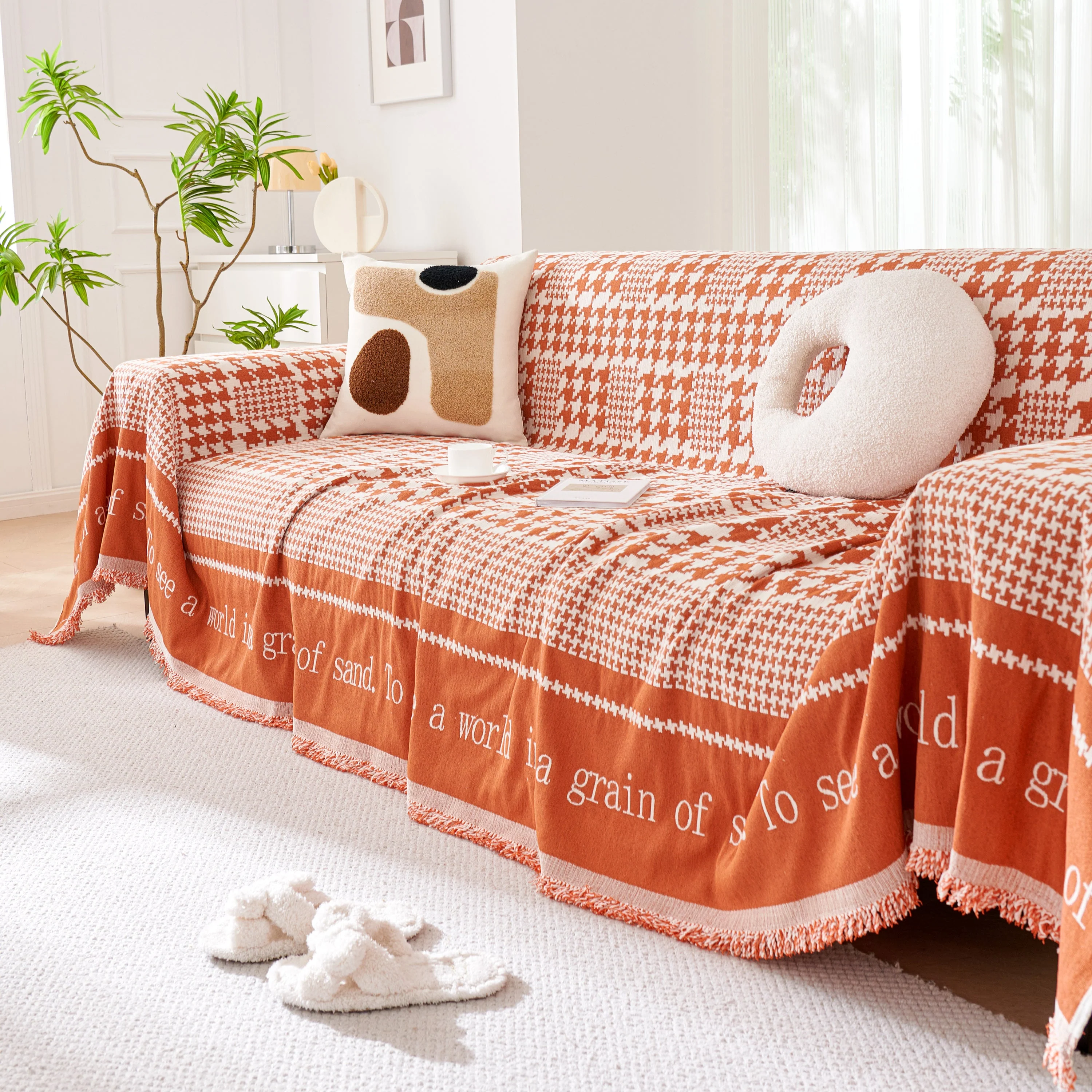 Chenille Houndstooth Couch Cover, Chaise Lounge Blanket Cover, Sectional Couch Scratch Protector - Image 141