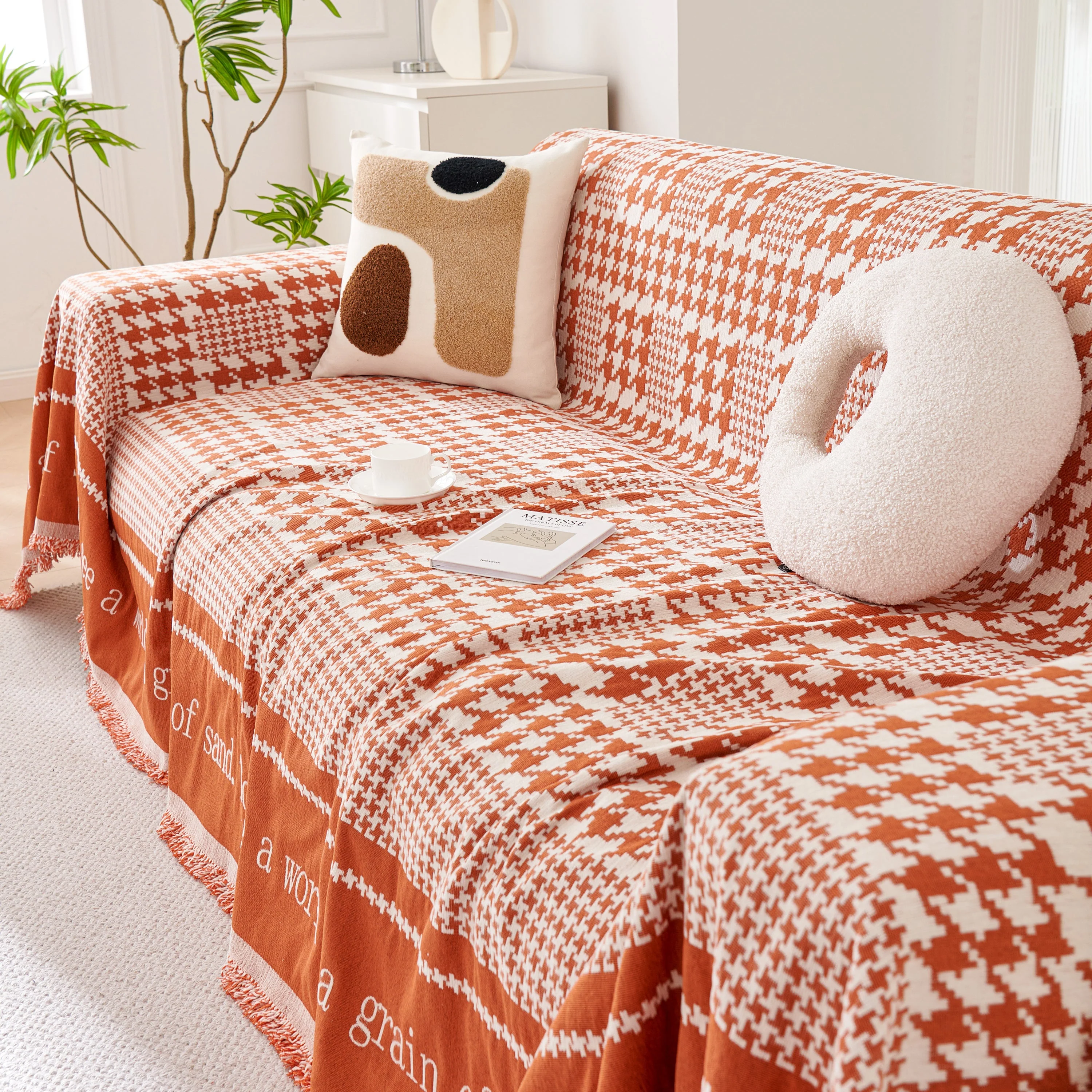 Chenille Houndstooth Couch Cover, Chaise Lounge Blanket Cover, Sectional Couch Scratch Protector - Image 142
