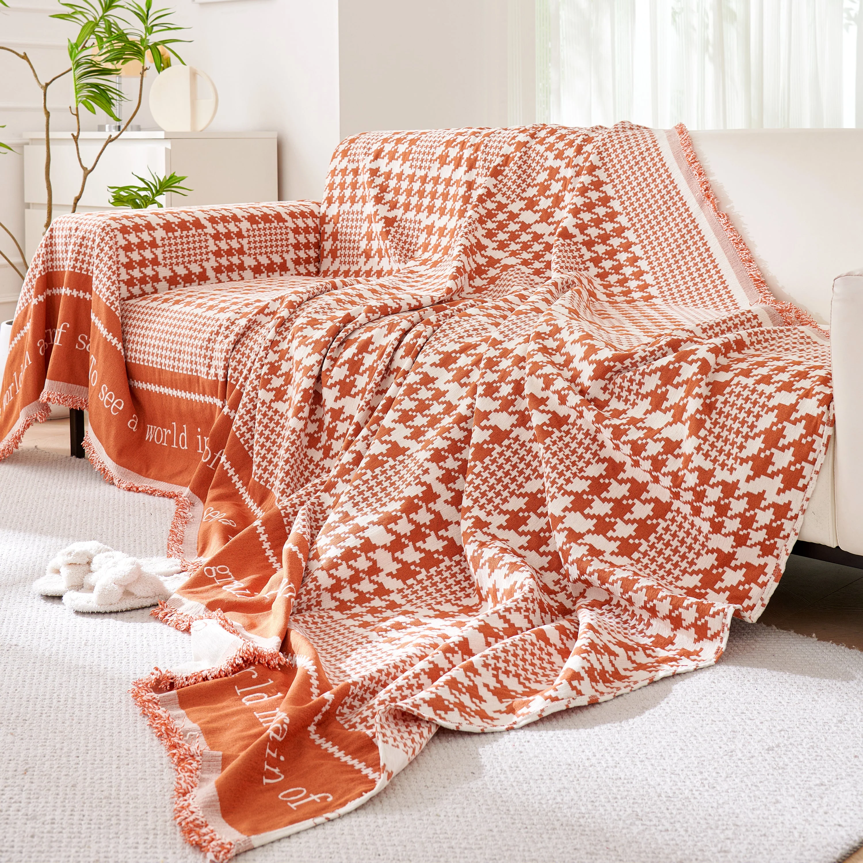 Chenille Houndstooth Couch Cover, Chaise Lounge Blanket Cover, Sectional Couch Scratch Protector - Image 144