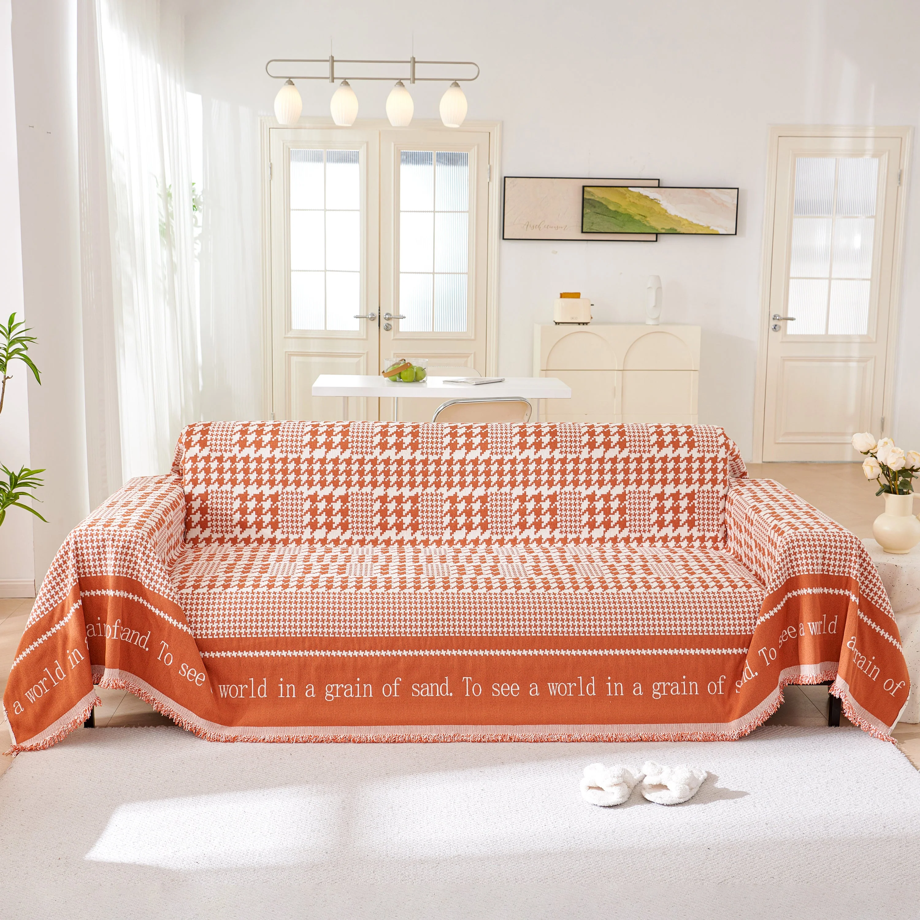 Chenille Houndstooth Couch Cover, Chaise Lounge Blanket Cover, Sectional Couch Scratch Protector - Image 153