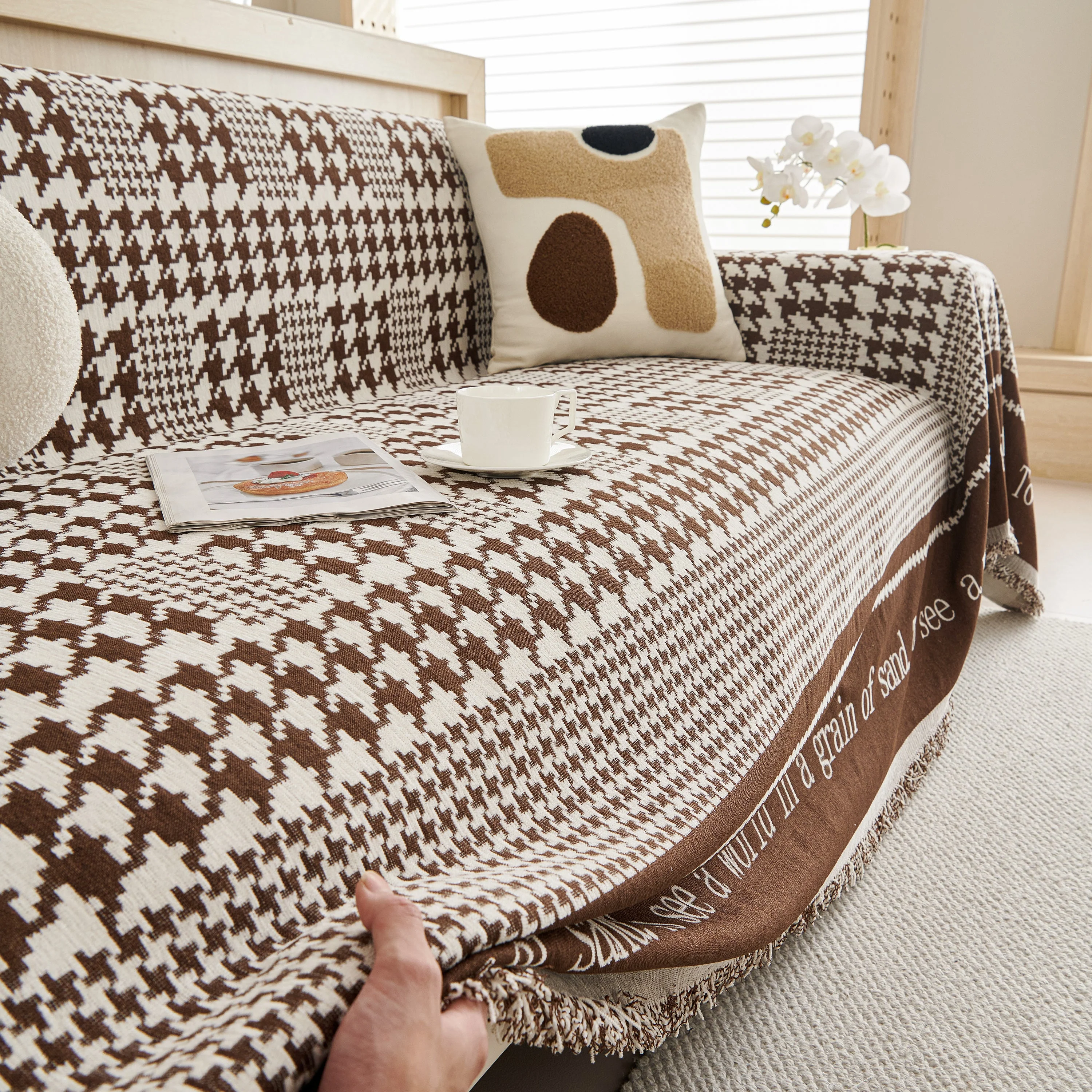 Chenille Houndstooth Couch Cover, Chaise Lounge Blanket Cover, Sectional Couch Scratch Protector - Image 35