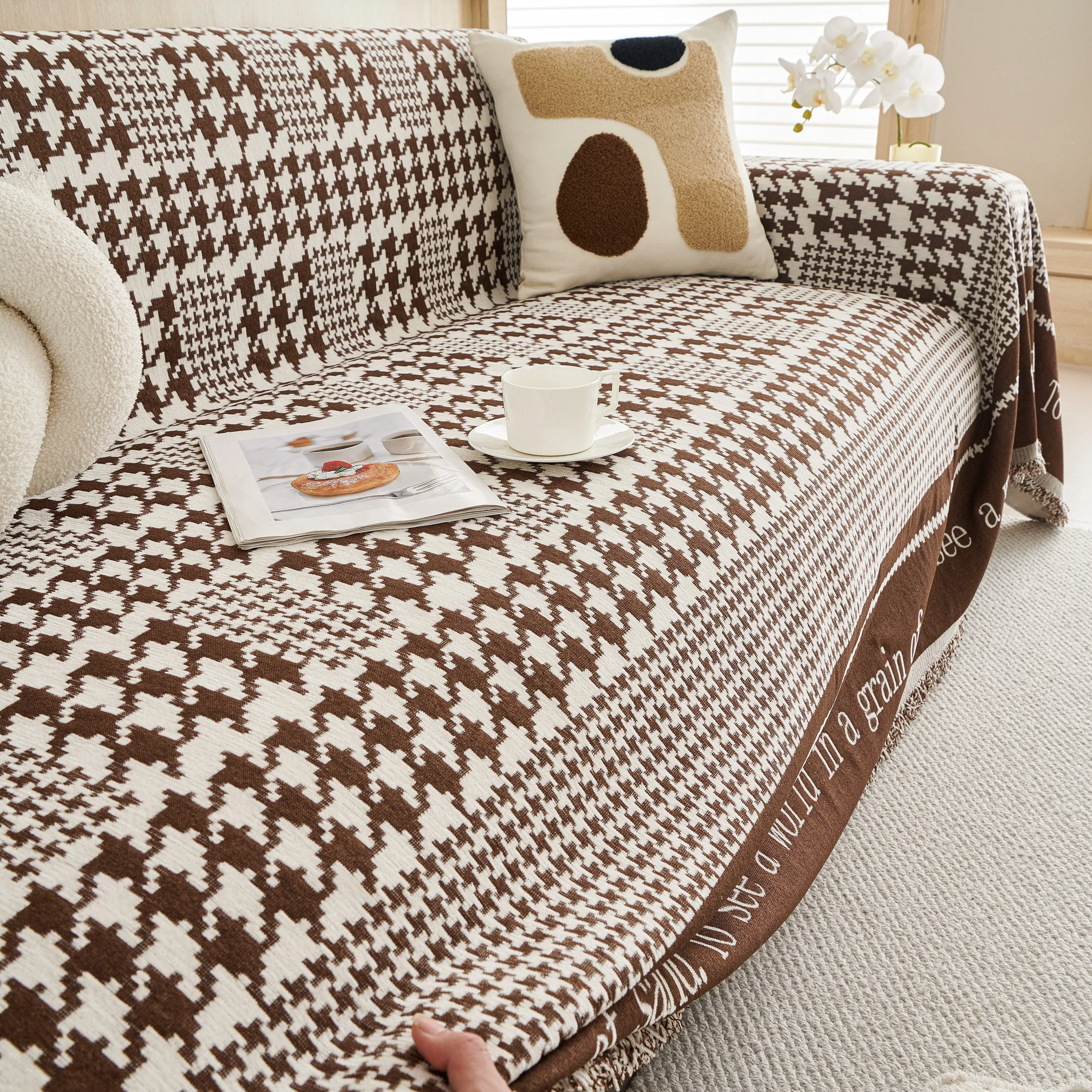 Chenille Houndstooth Couch Cover, Chaise Lounge Blanket Cover, Sectional Couch Scratch Protector - Image 36
