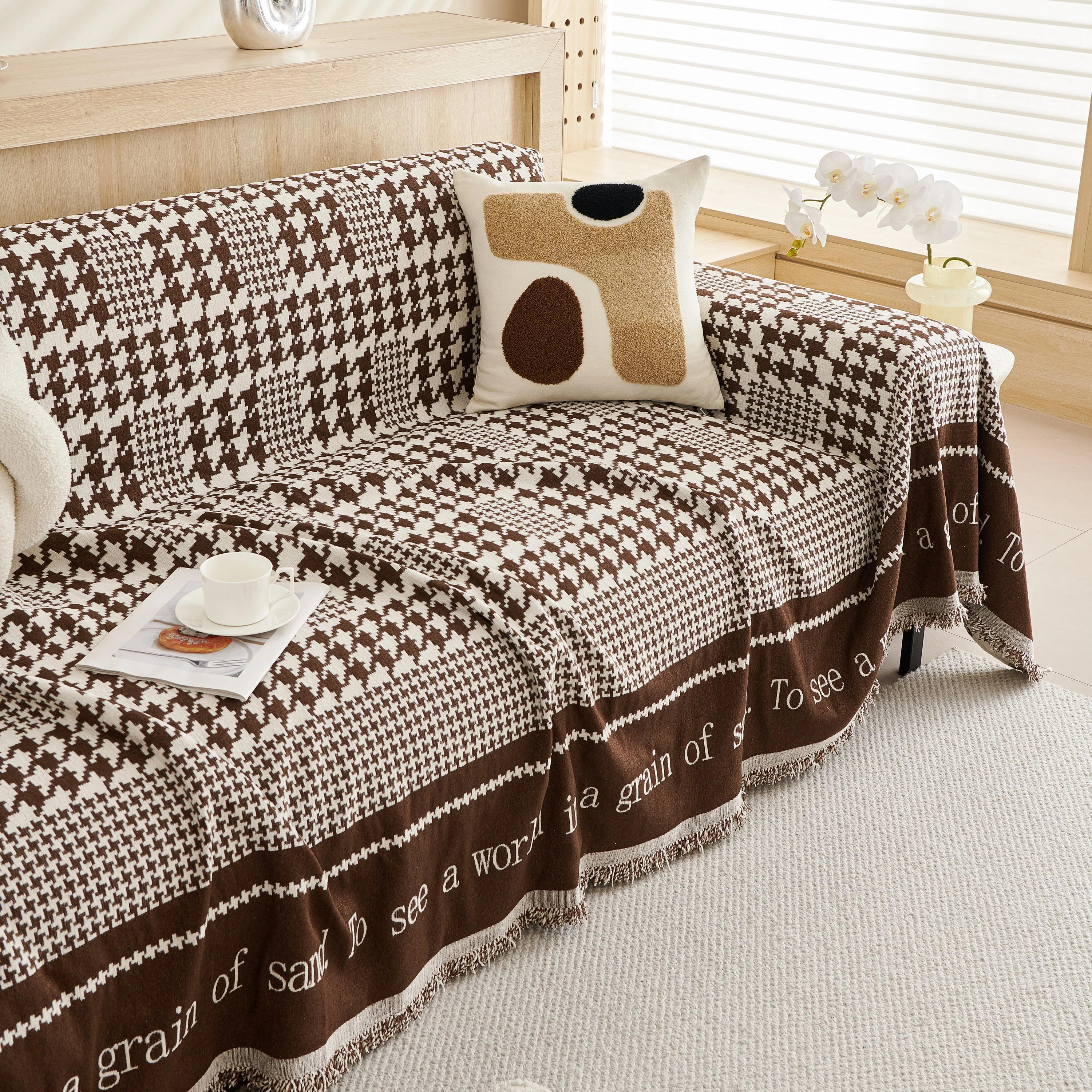 Chenille Houndstooth Couch Cover, Chaise Lounge Blanket Cover, Sectional Couch Scratch Protector - Image 38