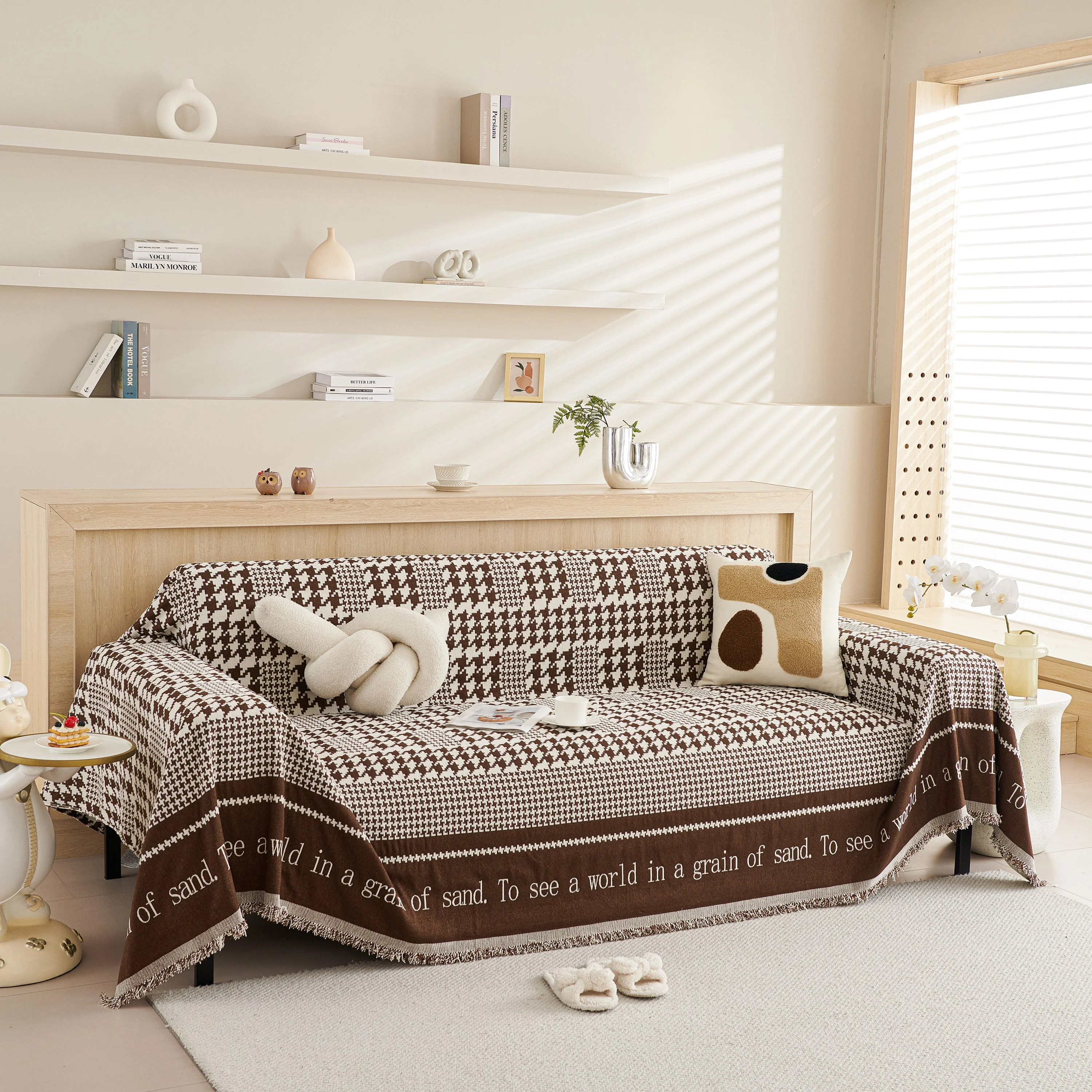 Chenille Houndstooth Couch Cover, Chaise Lounge Blanket Cover, Sectional Couch Scratch Protector - Image 53