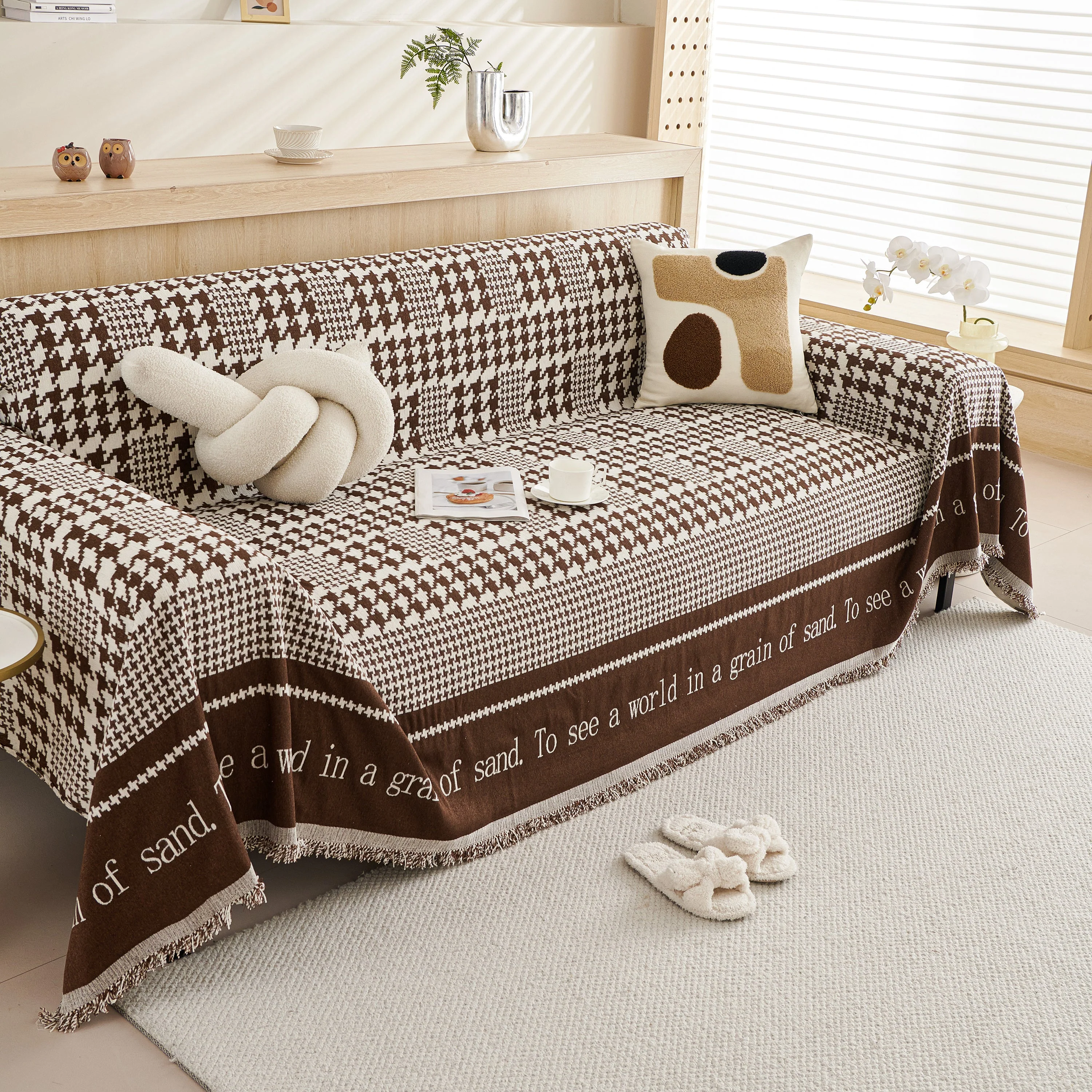 Chenille Houndstooth Couch Cover, Chaise Lounge Blanket Cover, Sectional Couch Scratch Protector - Image 55