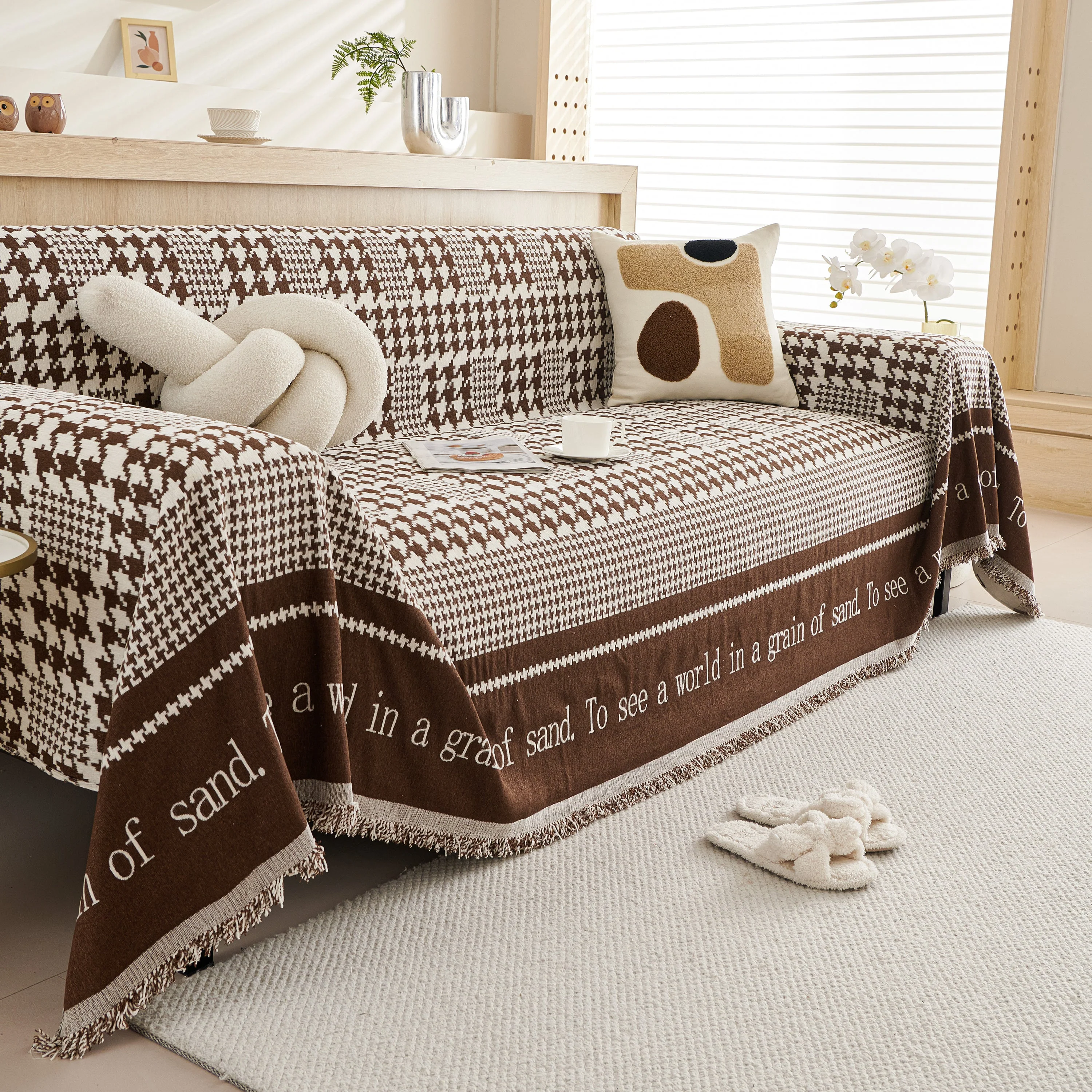 Chenille Houndstooth Couch Cover, Chaise Lounge Blanket Cover, Sectional Couch Scratch Protector - Image 56