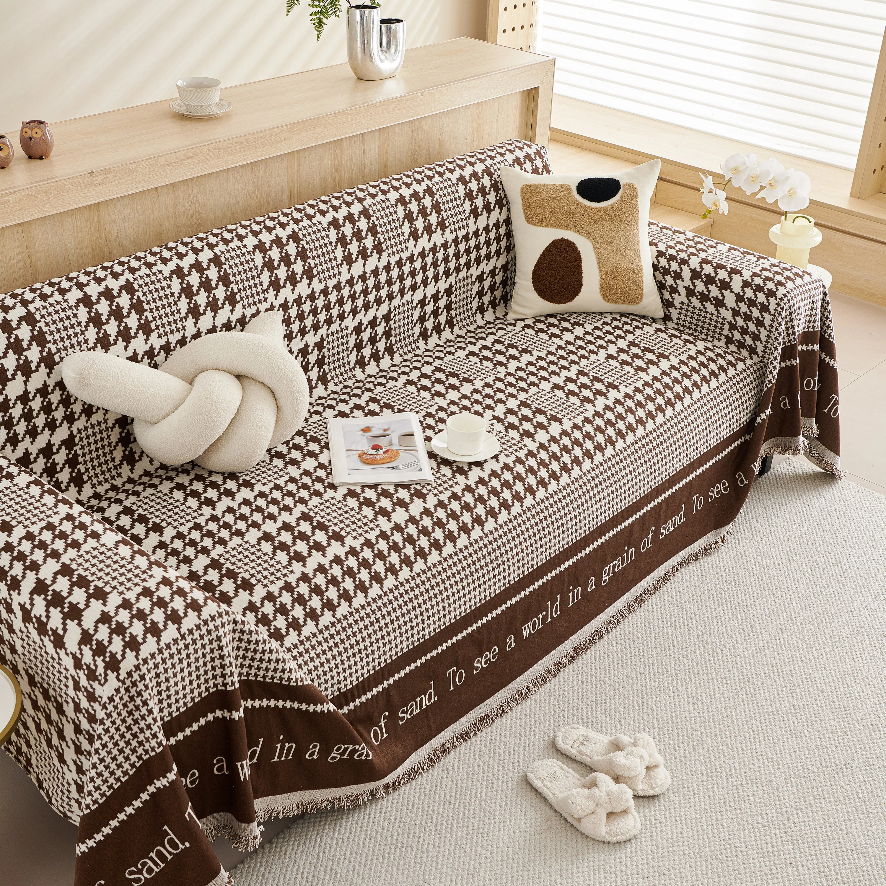 Chenille Houndstooth Couch Cover, Chaise Lounge Blanket Cover, Sectional Couch Scratch Protector - Image 57