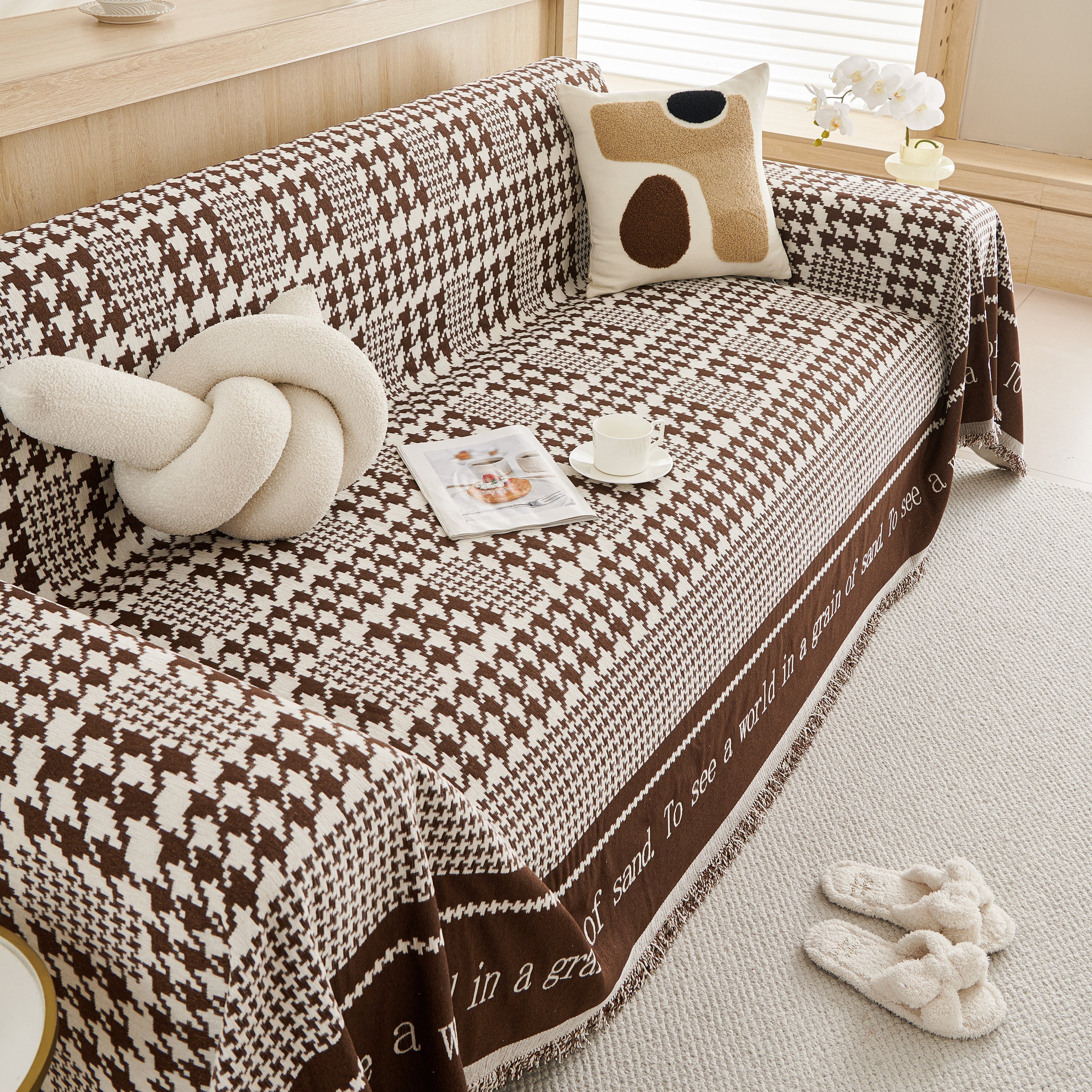 Chenille Houndstooth Couch Cover, Chaise Lounge Blanket Cover, Sectional Couch Scratch Protector - Image 59