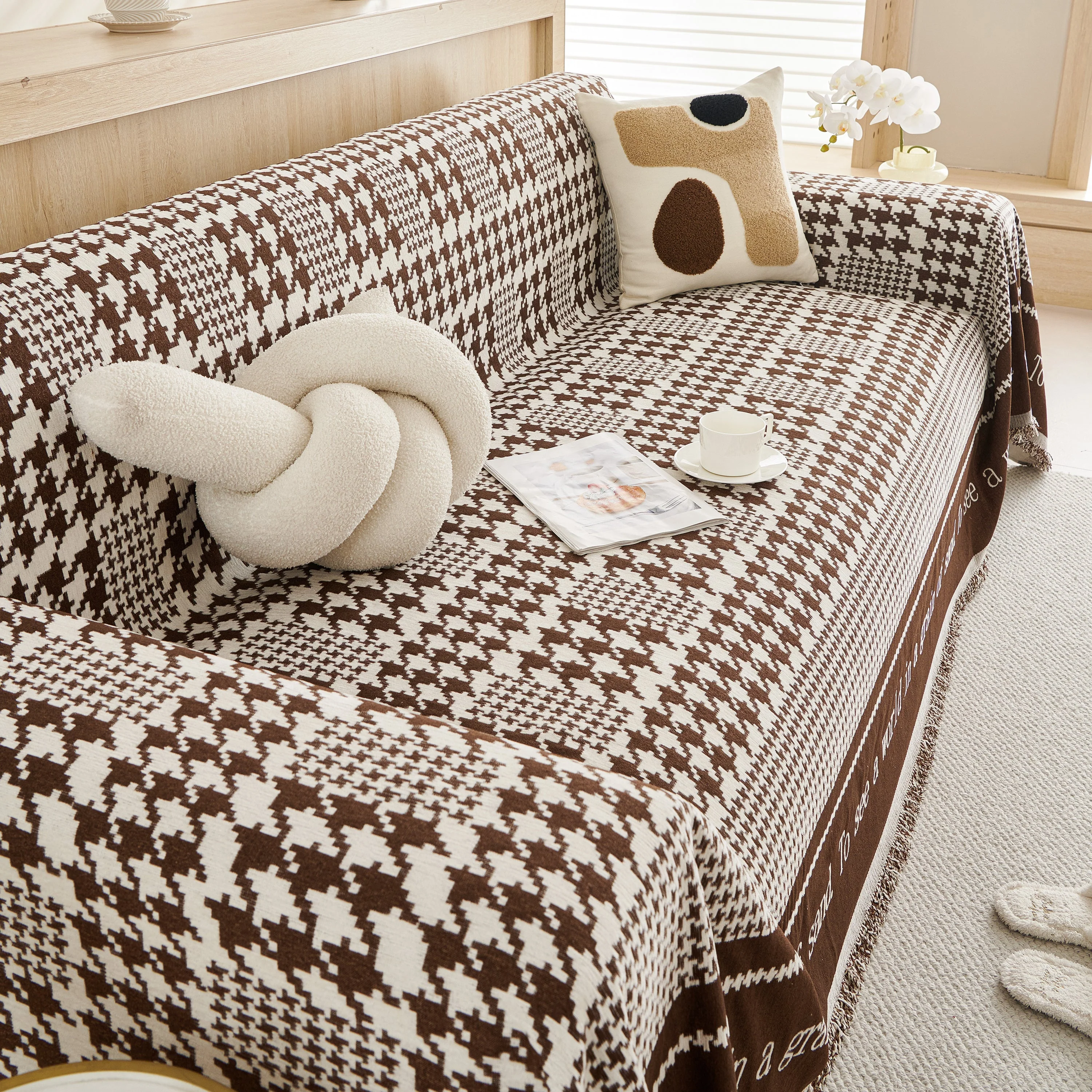 Chenille Houndstooth Couch Cover, Chaise Lounge Blanket Cover, Sectional Couch Scratch Protector - Image 60