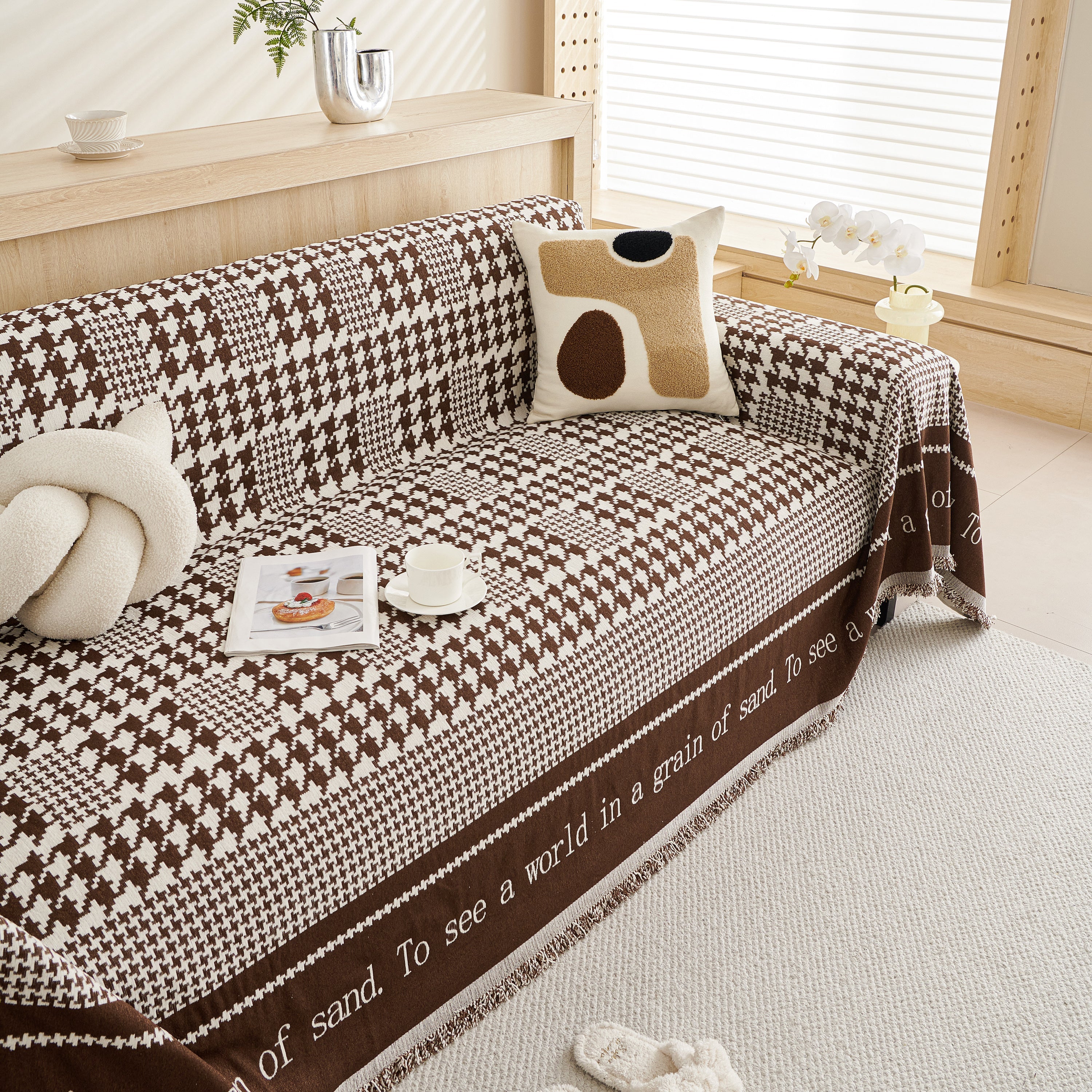 Chenille Houndstooth Couch Cover, Chaise Lounge Blanket Cover, Sectional Couch Scratch Protector - Image 62