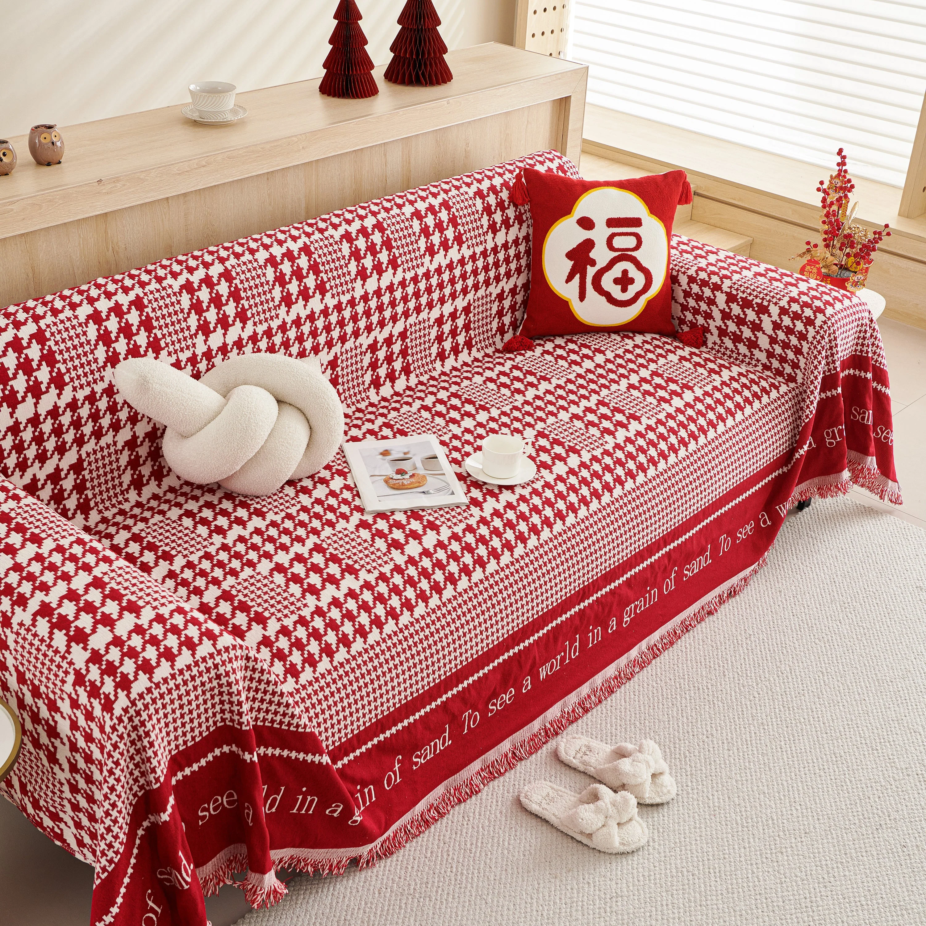 Chenille Houndstooth Couch Cover, Chaise Lounge Blanket Cover, Sectional Couch Scratch Protector - Image 68